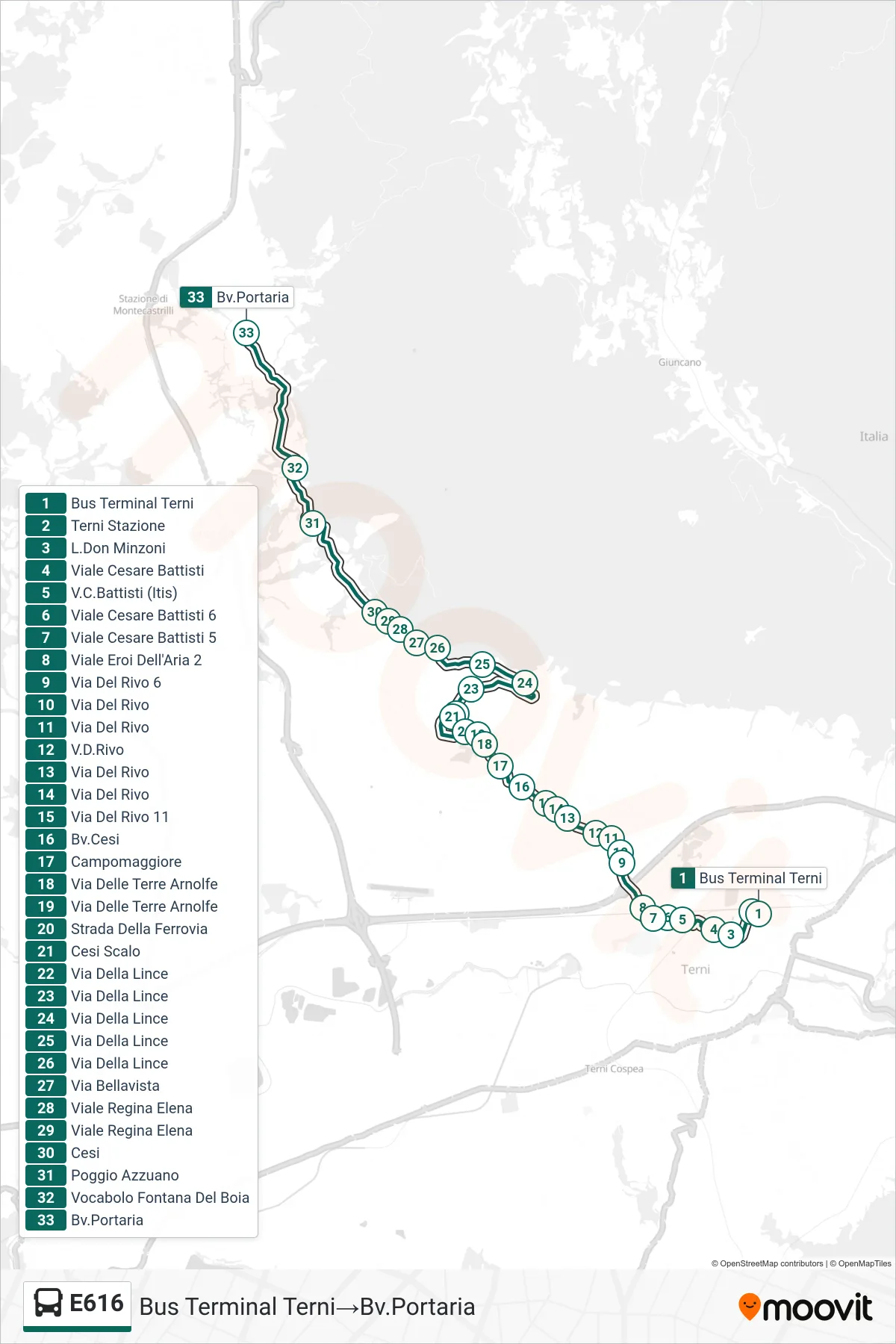 Linea E616  bus (Bus Terminal Terni‎→Bv.Portaria) - Percorsi e fermate sulla mappa