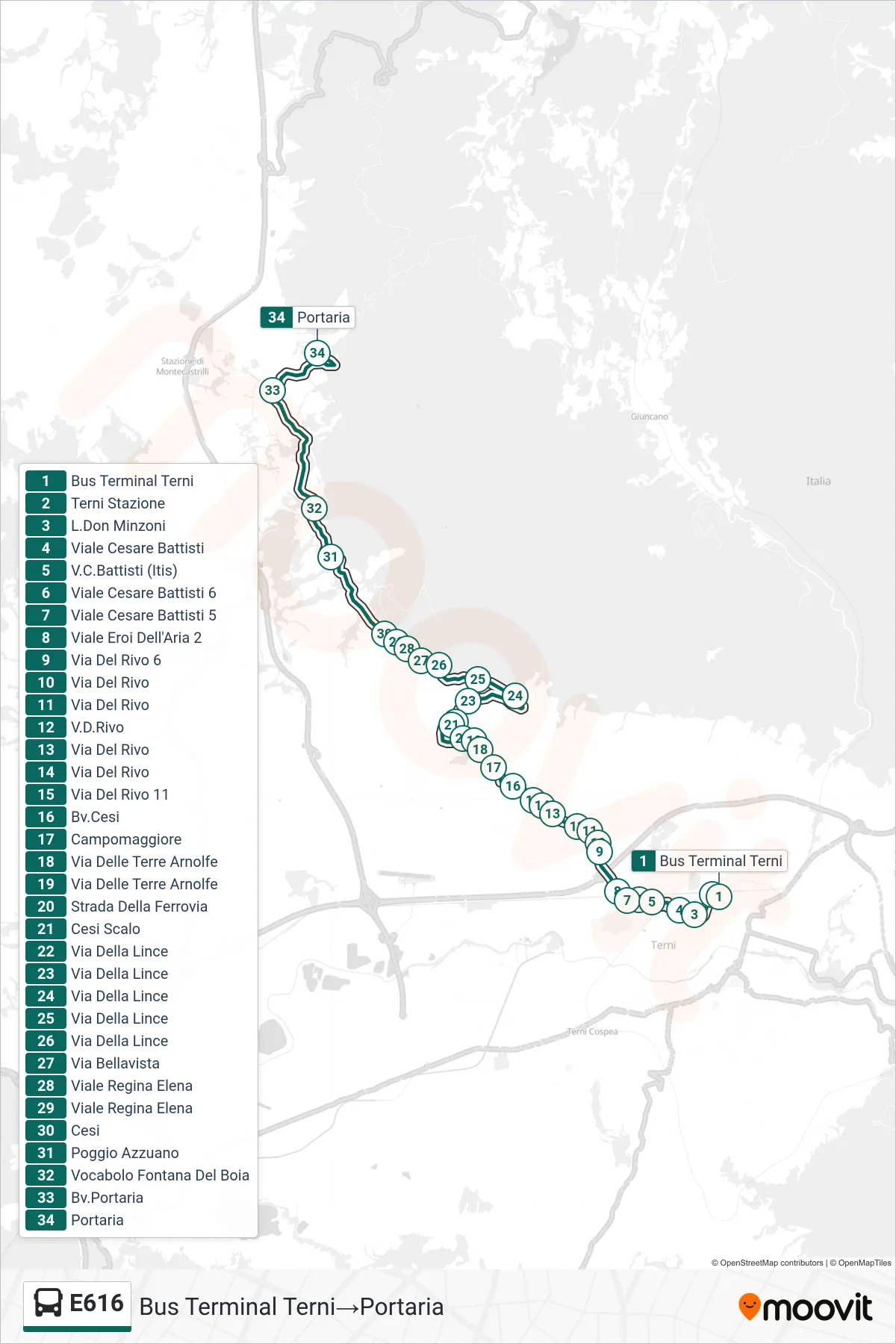 Linea E616  bus (Bus Terminal Terni‎→Portaria) - Percorsi e fermate sulla mappa