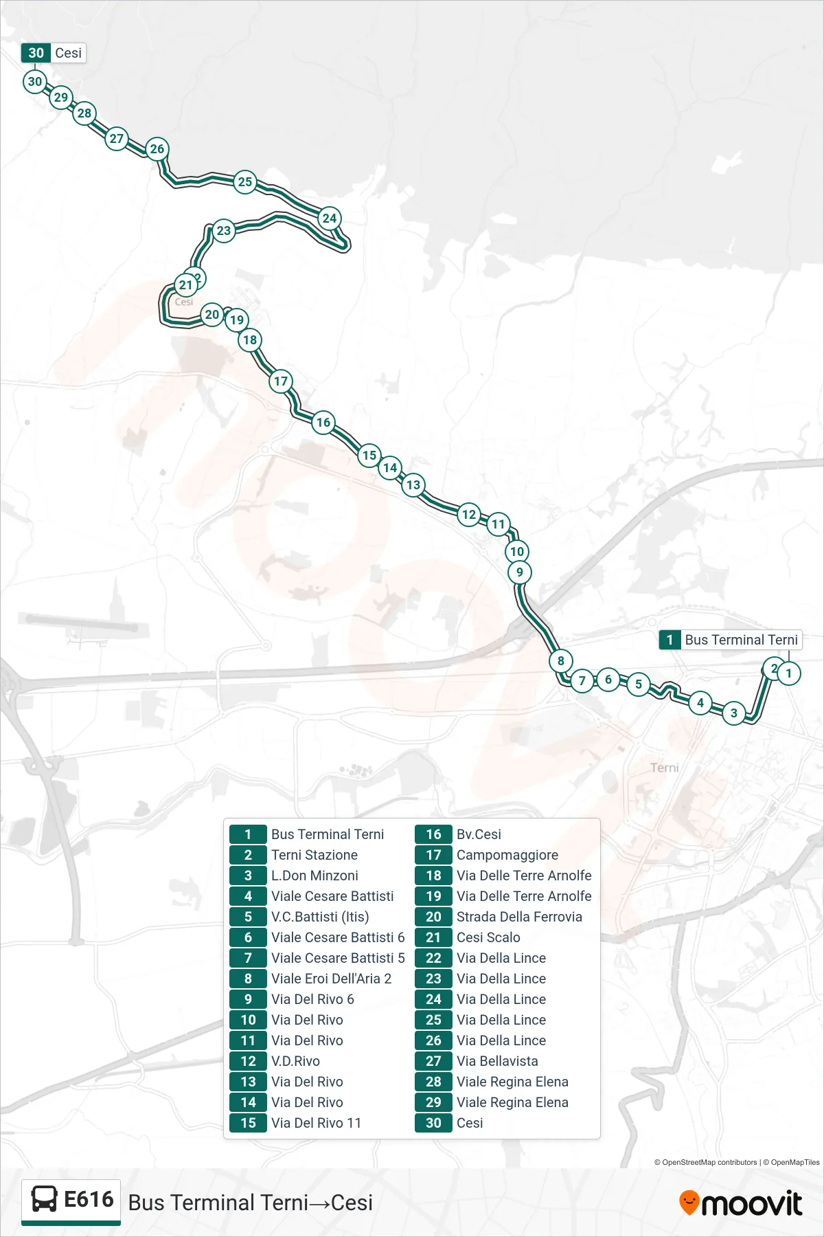 Linea E616 bus (Bus Terminal Terni→Cesi) - Percorsi e fermate sulla mappa