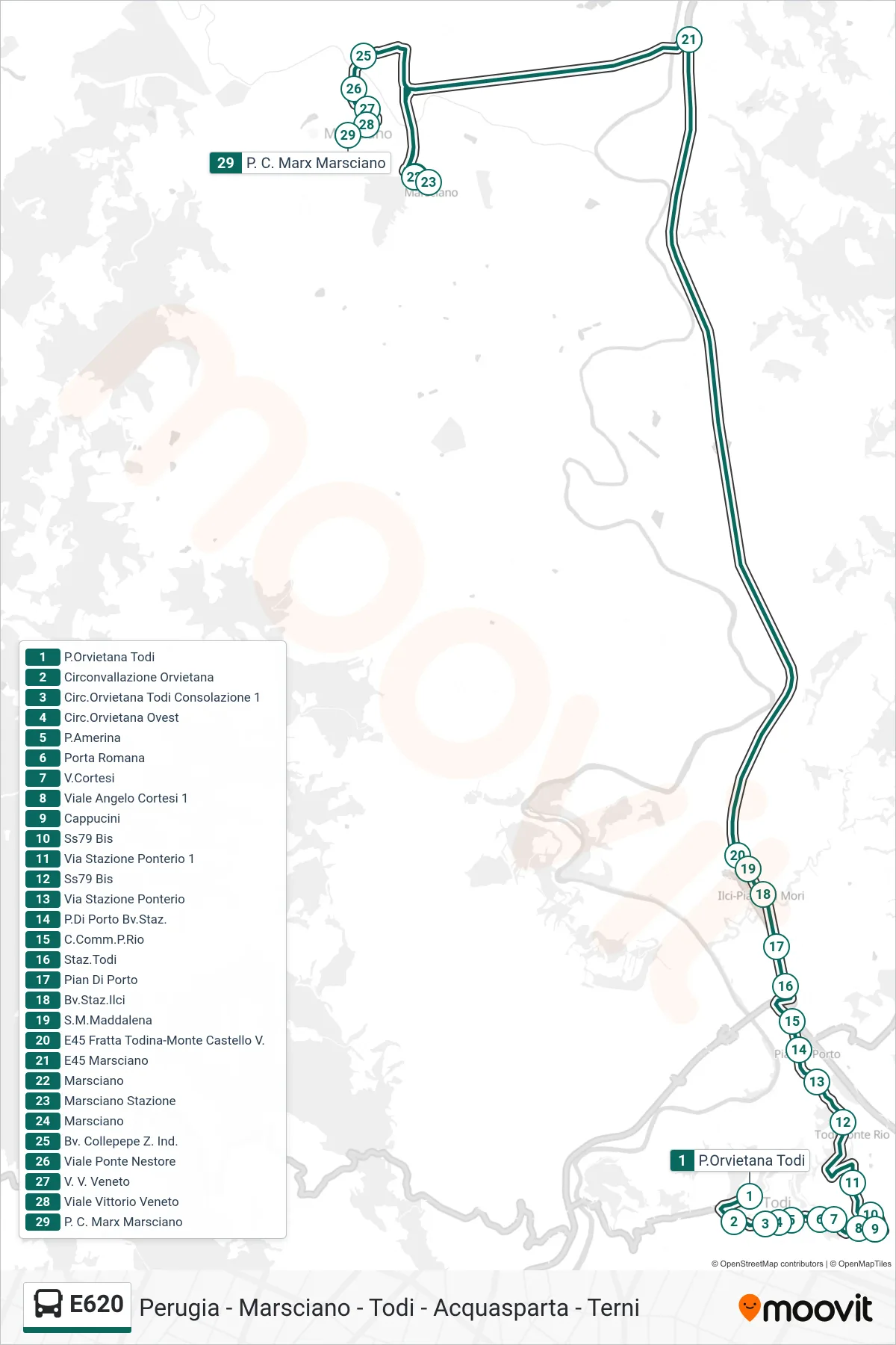 E620 bus Line (Orvieto Gate Todi→Piazza Karl Marx Marsciano) route and stops on a map