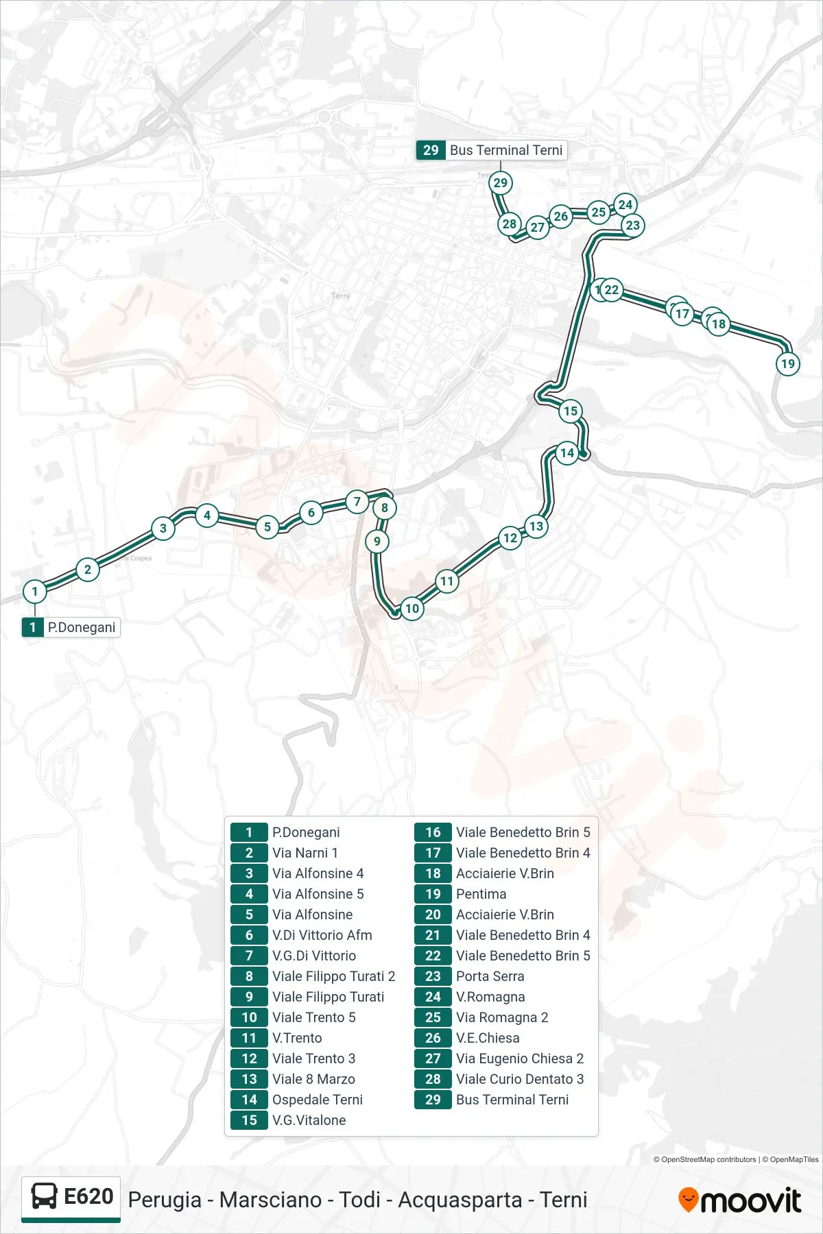 Linea E620 bus (P.Donegani→Bus Terminal Terni) - Percorsi e fermate sulla mappa