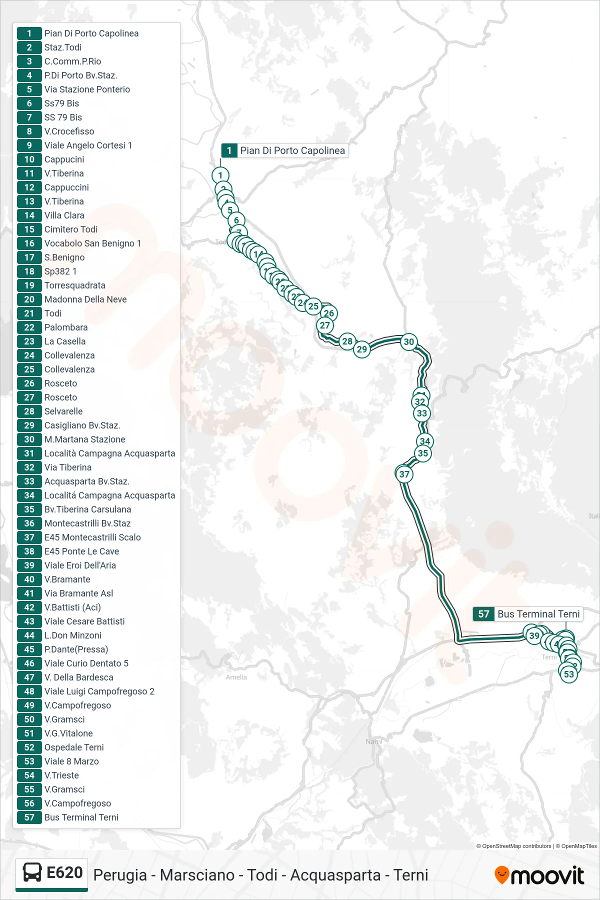 Linea E620 bus (Pian Di Porto Capolinea→Bus Terminal Terni) - Percorsi e fermate sulla mappa