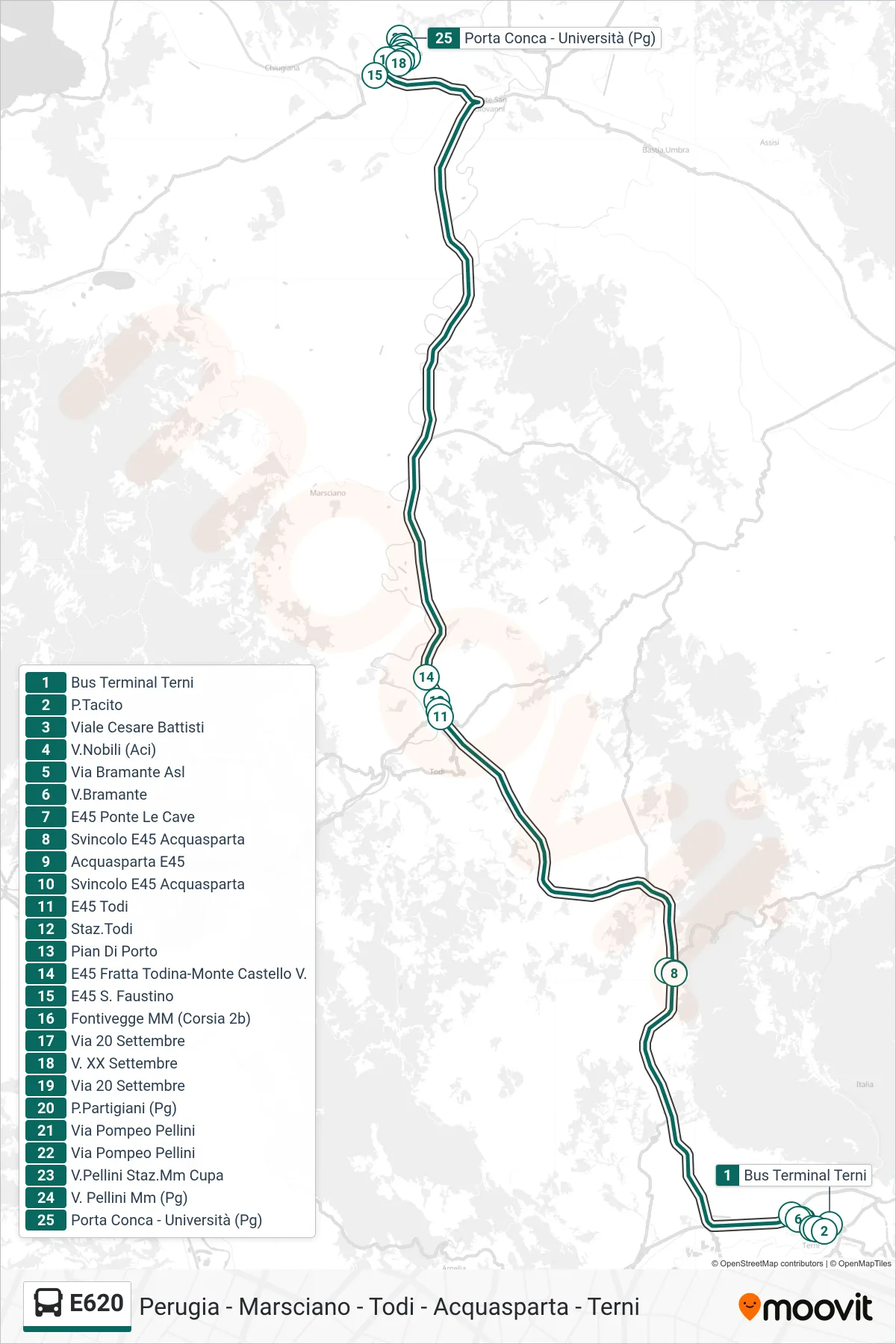 Linea E620 bus (Bus Terminal Terni→Porta Conca - Università (Pg)) - Percorsi e fermate sulla mappa