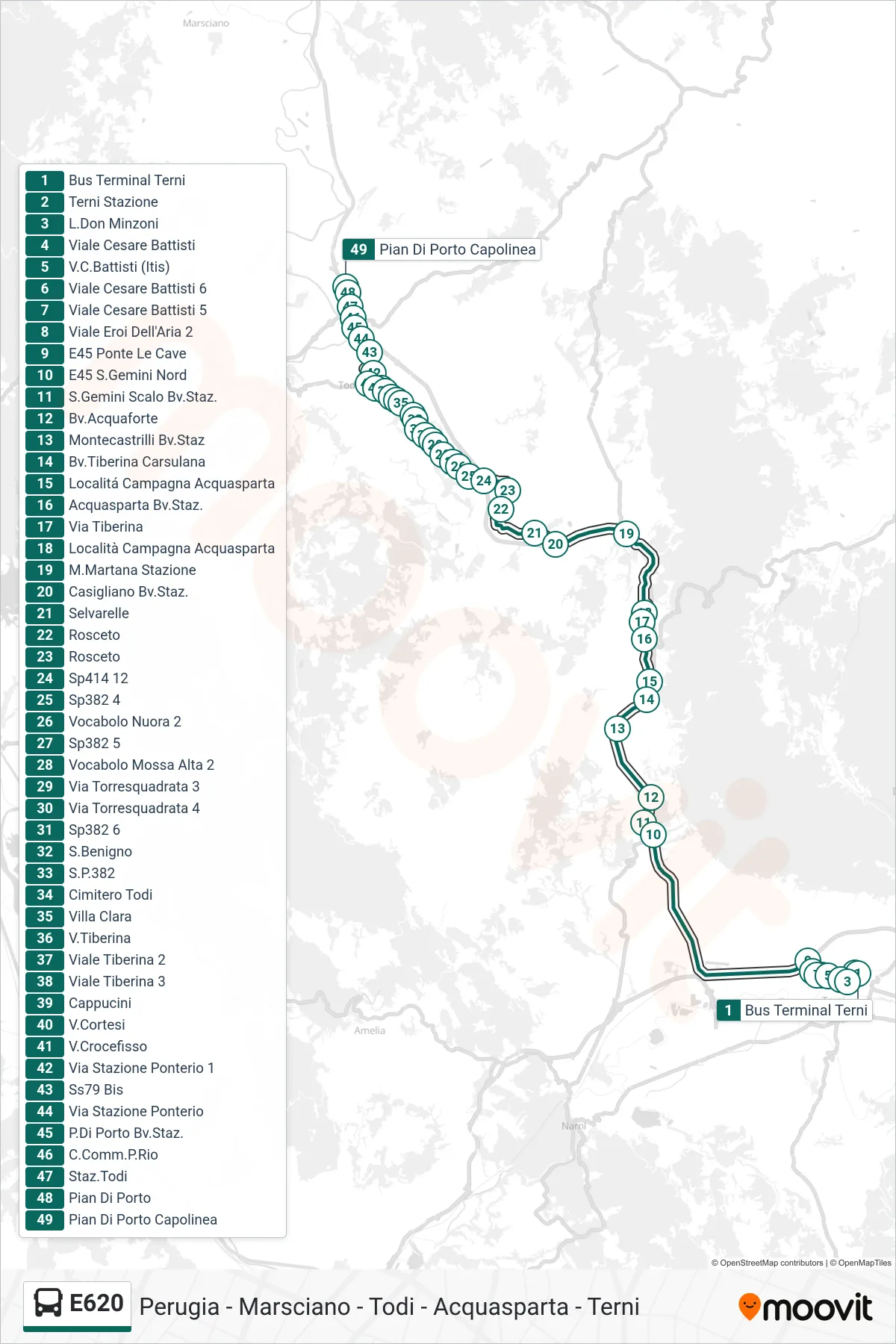 Linea E620 bus (Bus Terminal Terni→Pian Di Porto Capolinea) - Percorsi e fermate sulla mappa