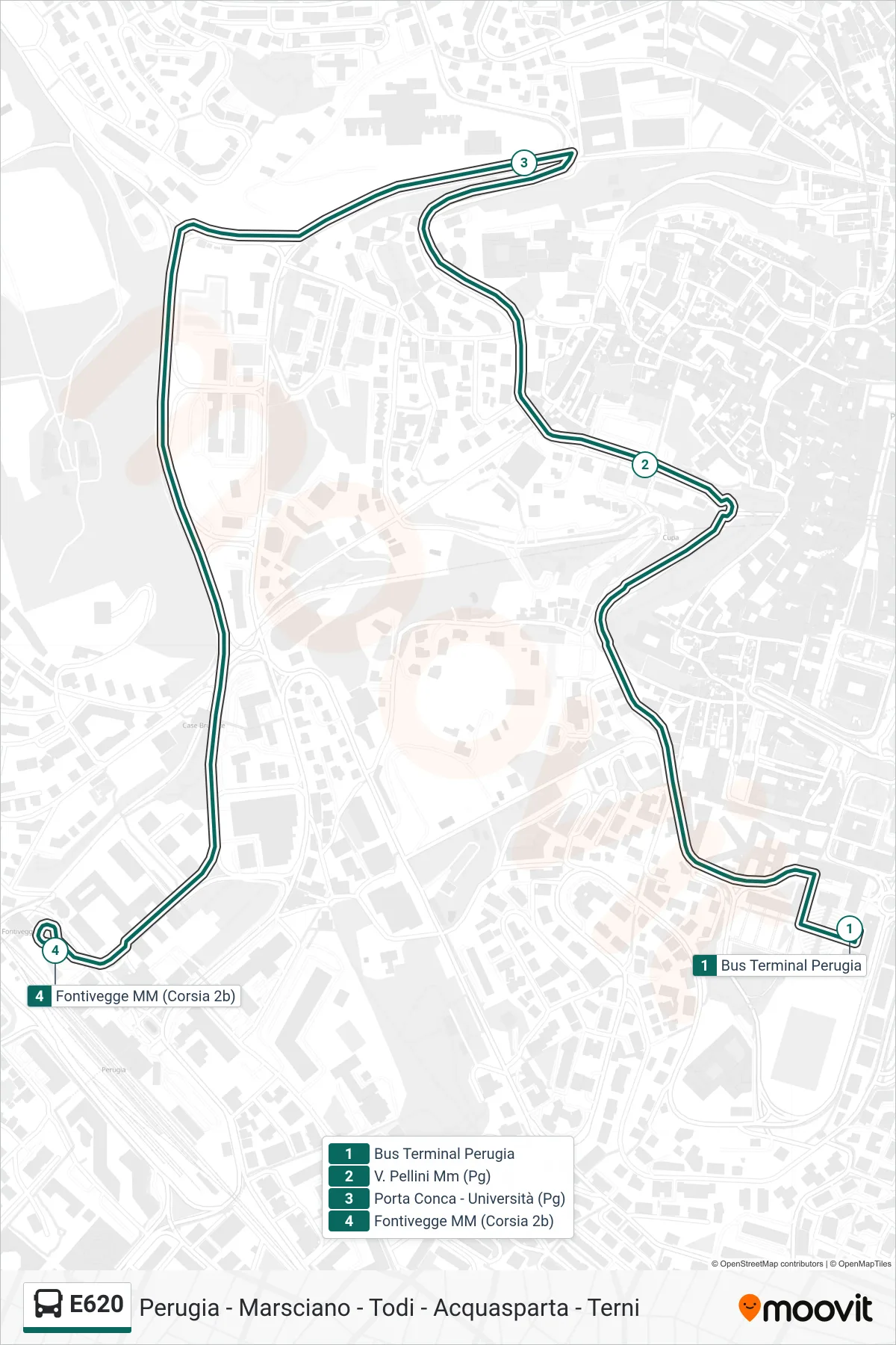 Linea E620  bus (Bus Terminal Perugia‎→Fontivegge M​M (Corsia 2b)) - Percorsi e fermate sulla mappa