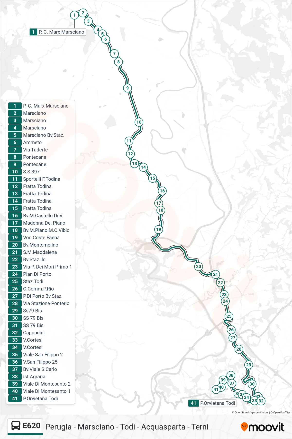 Linea E620  bus (P. C. Marx Marsciano‎→P.Orvietana Todi) - Percorsi e fermate sulla mappa