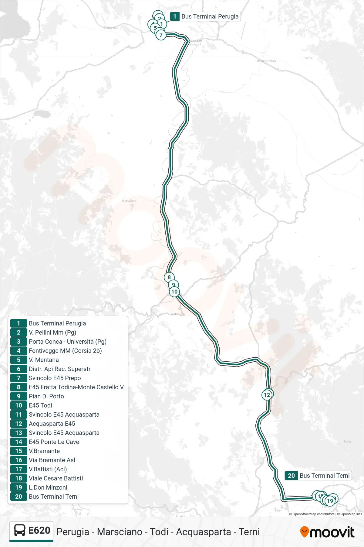 E620 bus Line (Perugia Bus Terminal→Bus Terminal Terni) route and stops on a map
