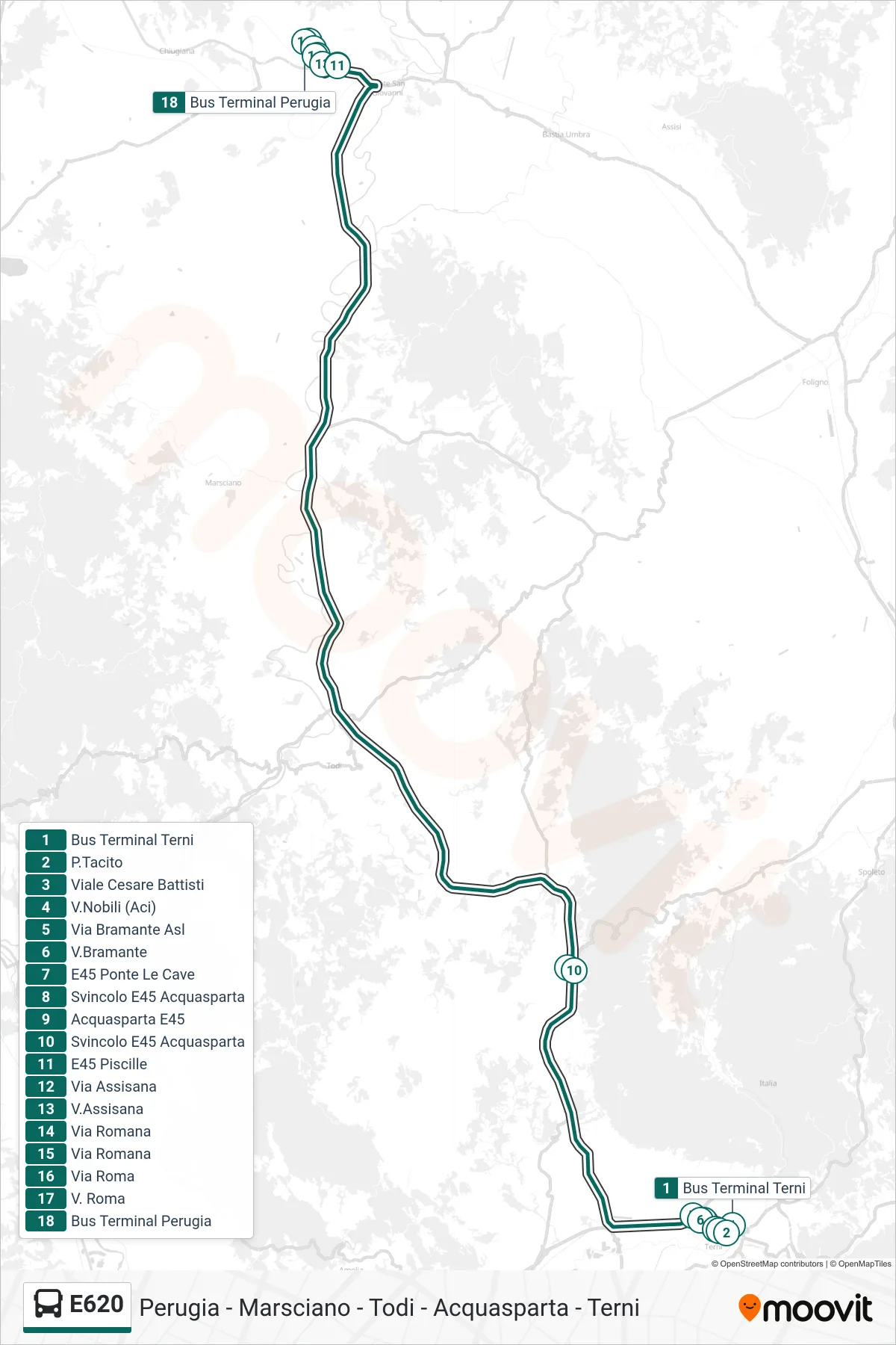 Linea E620 bus (Bus Terminal Terni→Bus Terminal Perugia) - Percorsi e fermate sulla mappa