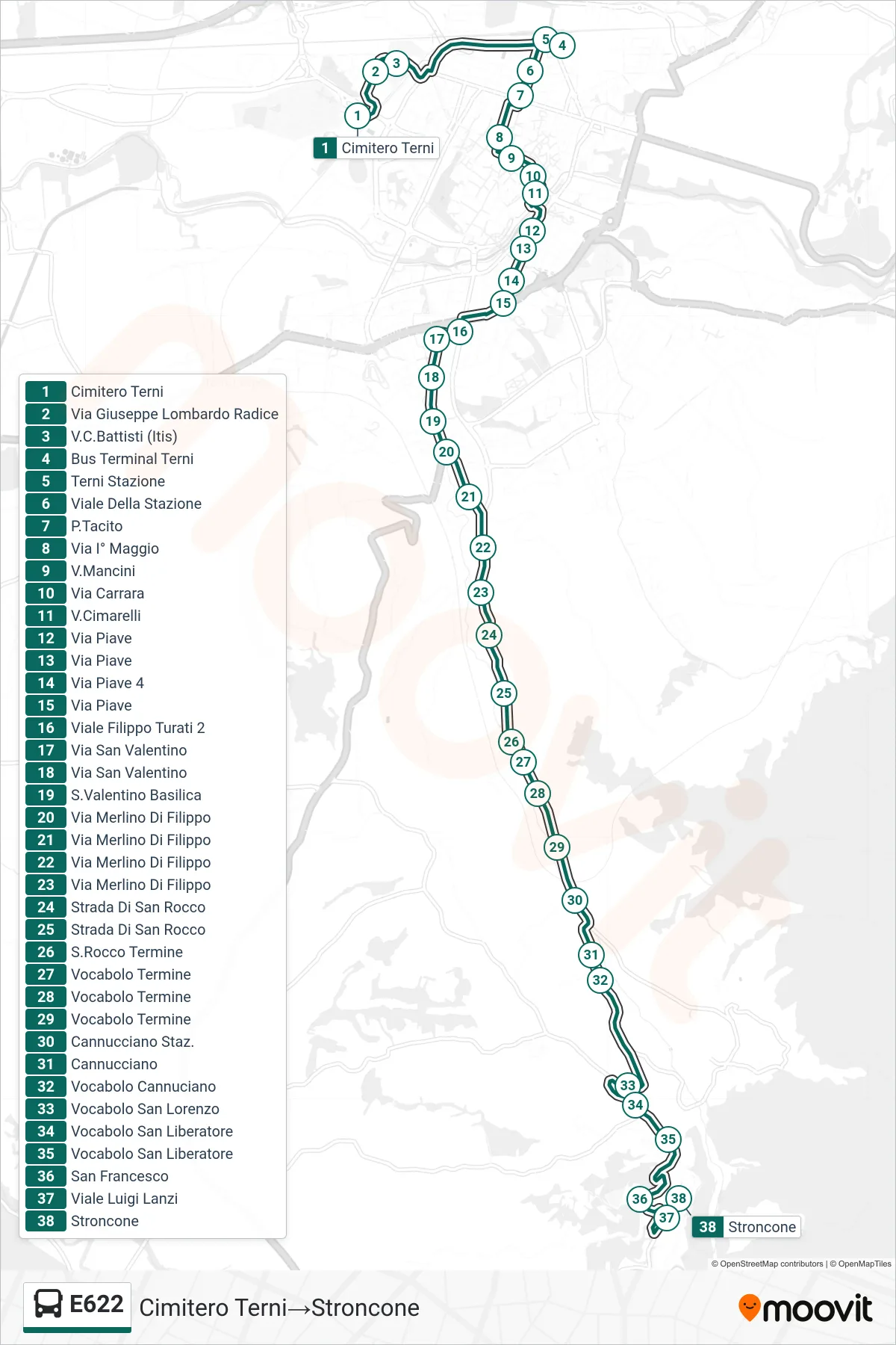 E622 bus Line (Terni Cemetery→Stroncone) route and stops on a map