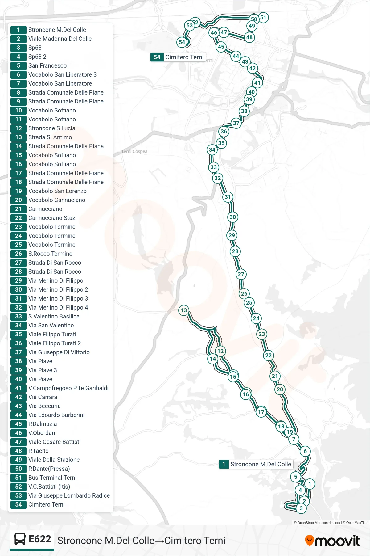 Linea E622  bus (Stroncone M.Del Colle‎→Cimitero Terni) - Percorsi e fermate sulla mappa
