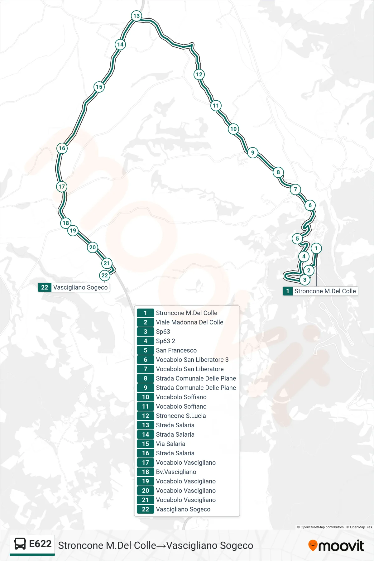 E622 bus Line (Stroncone Monte Del Colle→Vascigliano Sogeco) route and stops on a map
