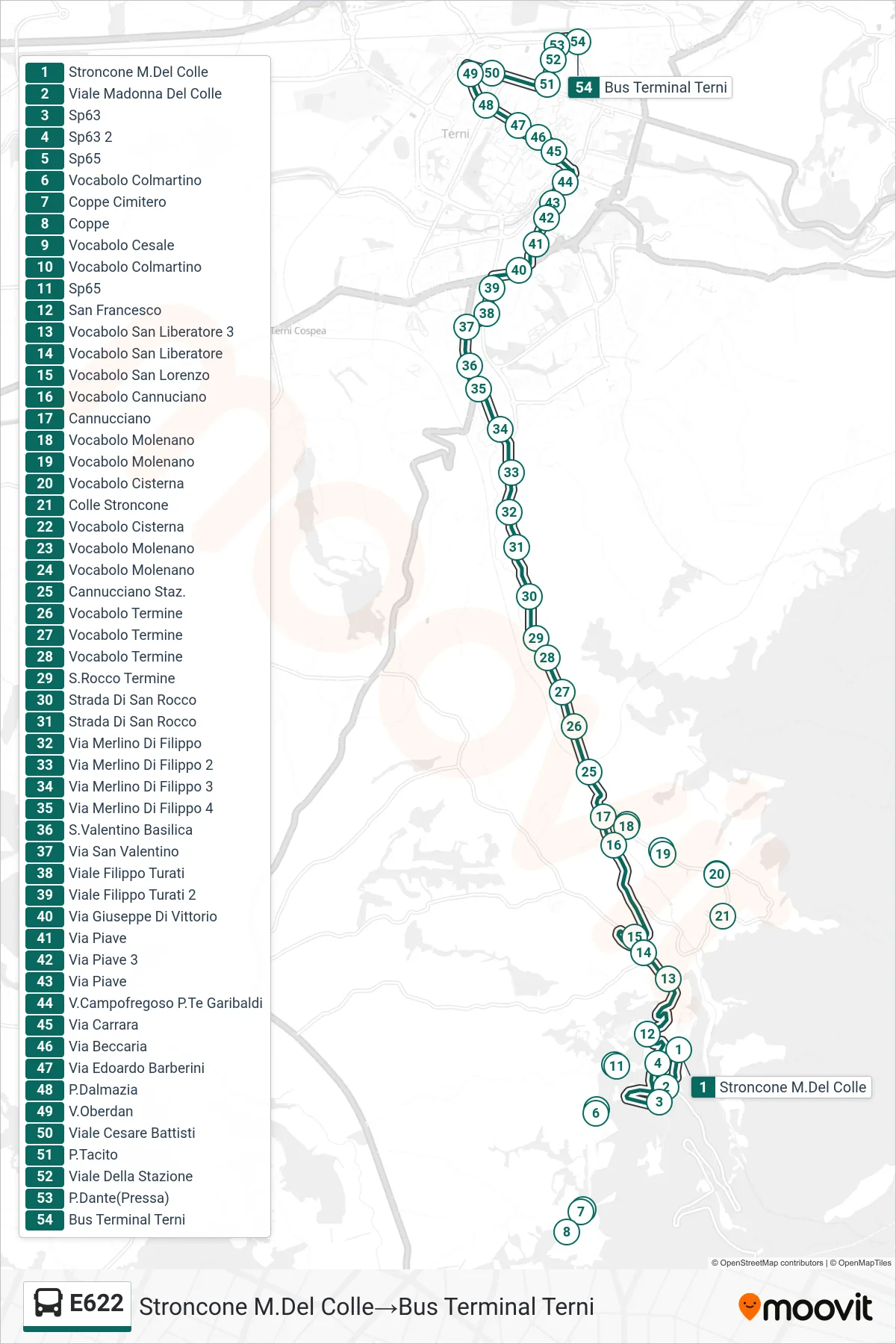 E622 bus Line (Stroncone Monte Del Colle→Bus Terminal Terni) route and stops on a map