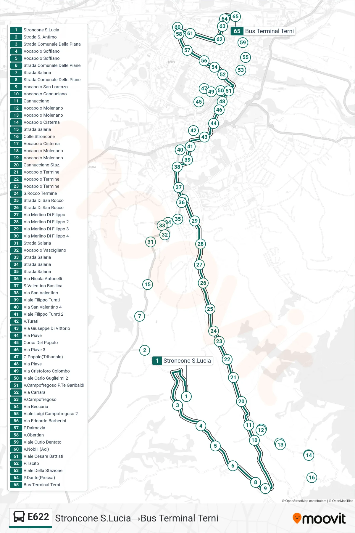 Linea E622 bus (Stroncone S.Lucia→Bus Terminal Terni) - Percorsi e fermate sulla mappa