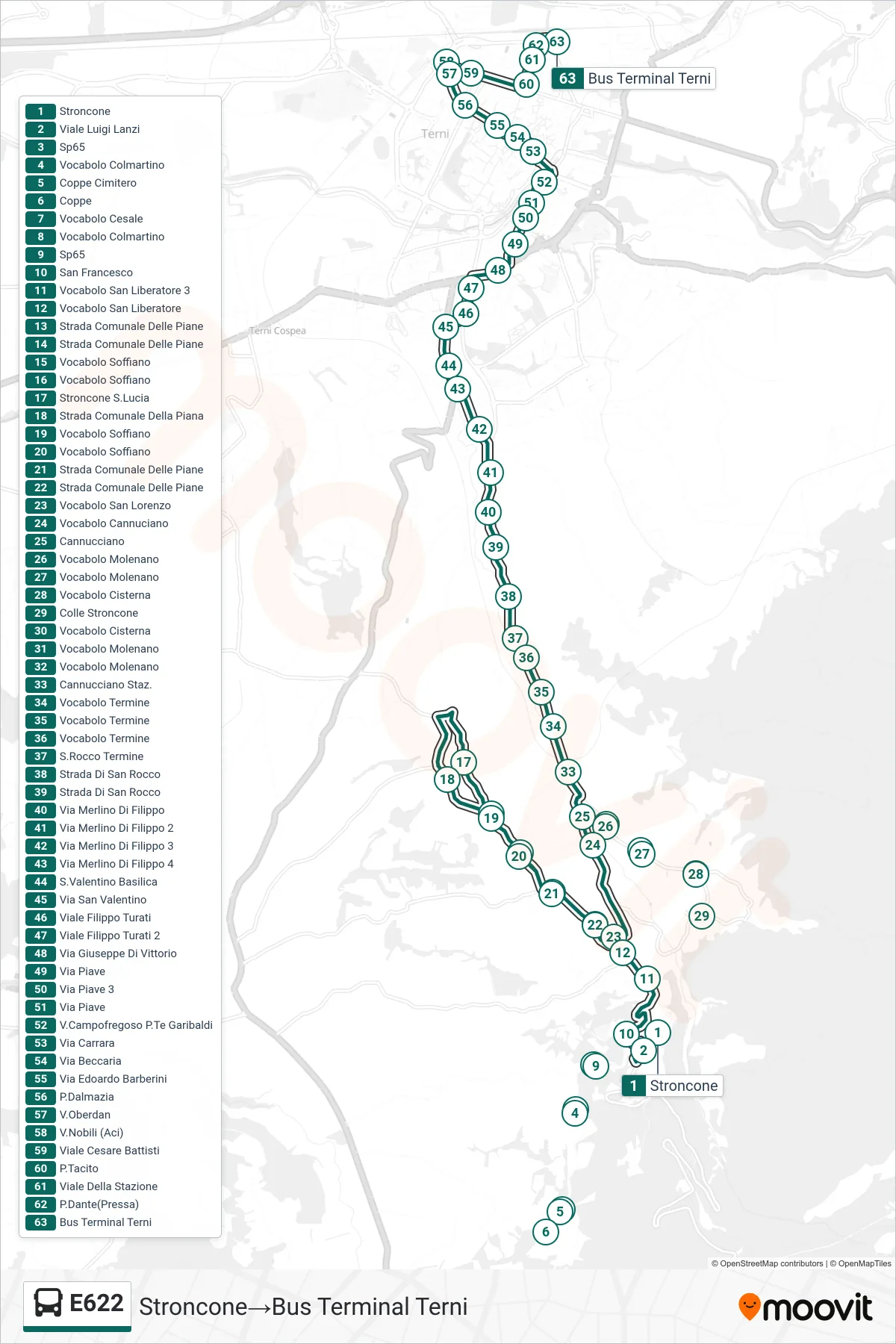 Linea E622  bus (Stroncone‎→Bus Terminal Terni) - Percorsi e fermate sulla mappa