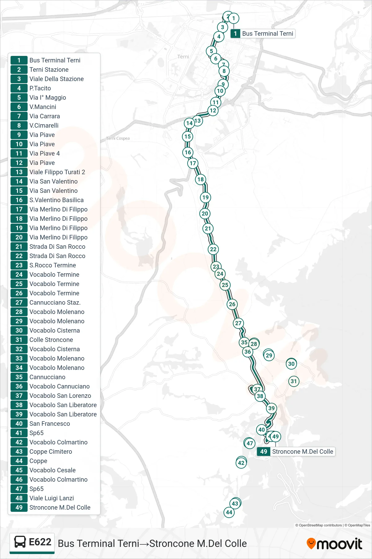 Linea E622 bus (Bus Terminal Terni→Stroncone M.Del Colle) - Percorsi e fermate sulla mappa