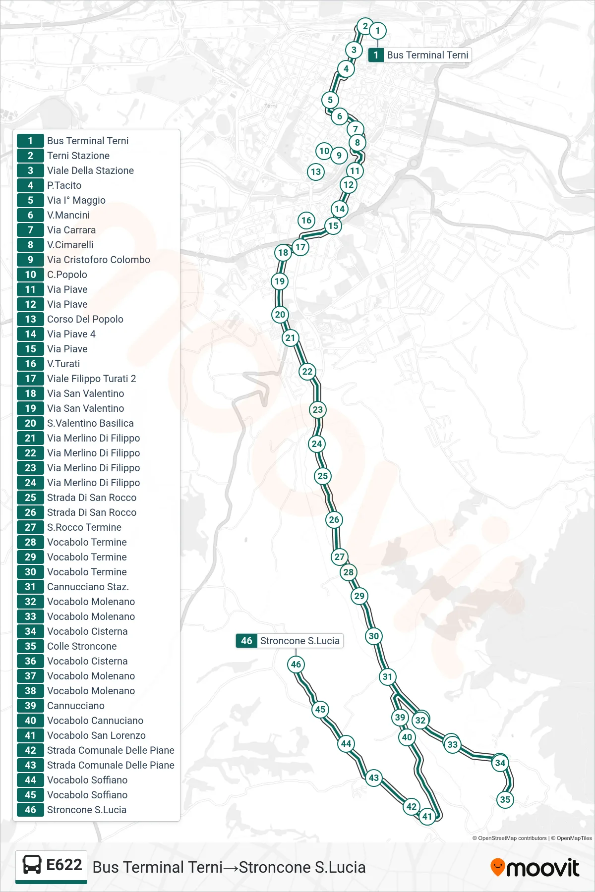 Linea E622  bus (Bus Terminal Terni‎→Stroncone S.Lucia) - Percorsi e fermate sulla mappa