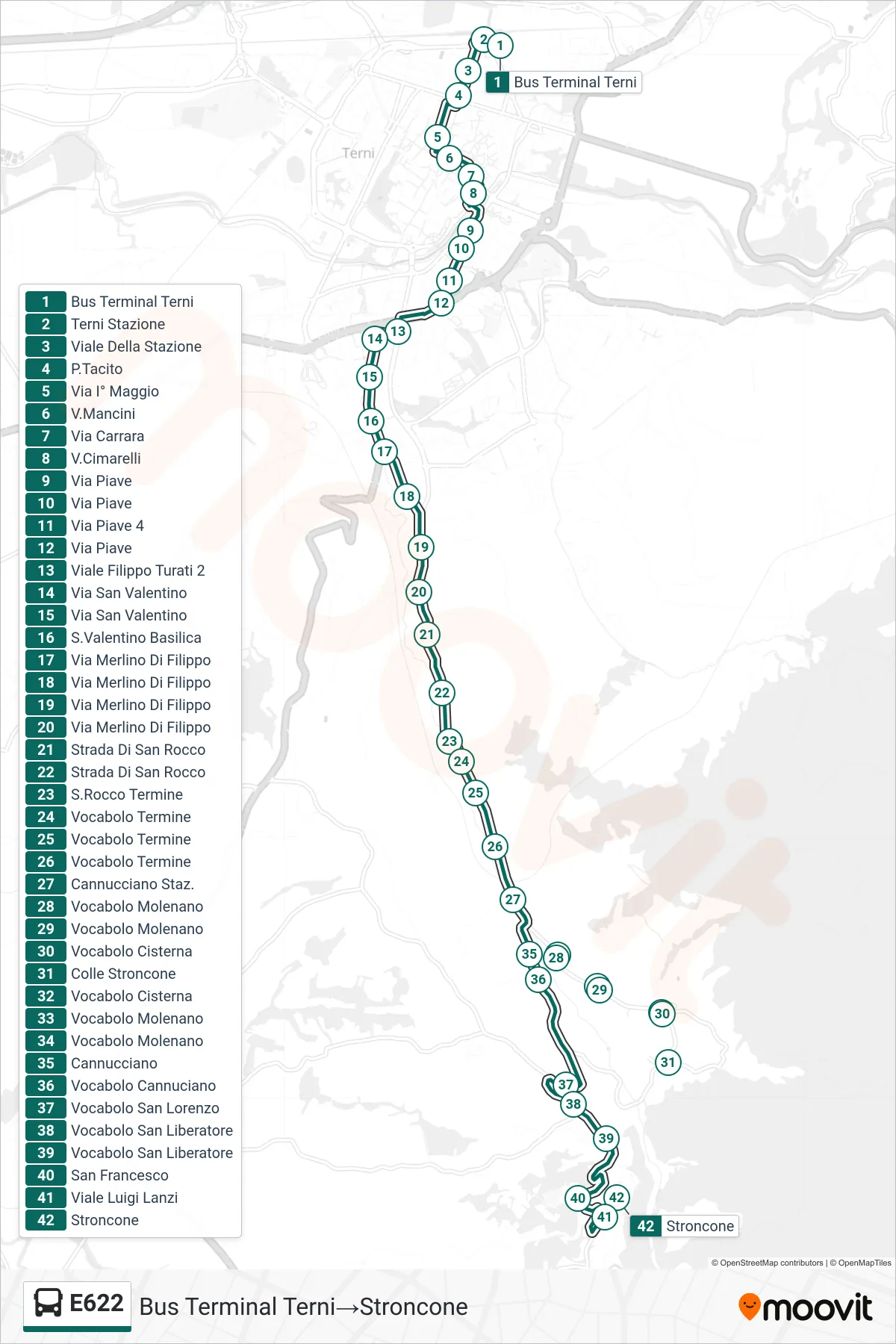 Linea E622  bus (Bus Terminal Terni‎→Stroncone) - Percorsi e fermate sulla mappa