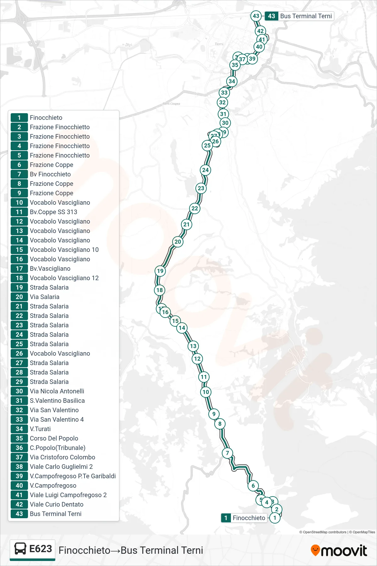 Linea E623  bus (Finocchieto‎→Bus Terminal Terni) - Percorsi e fermate sulla mappa