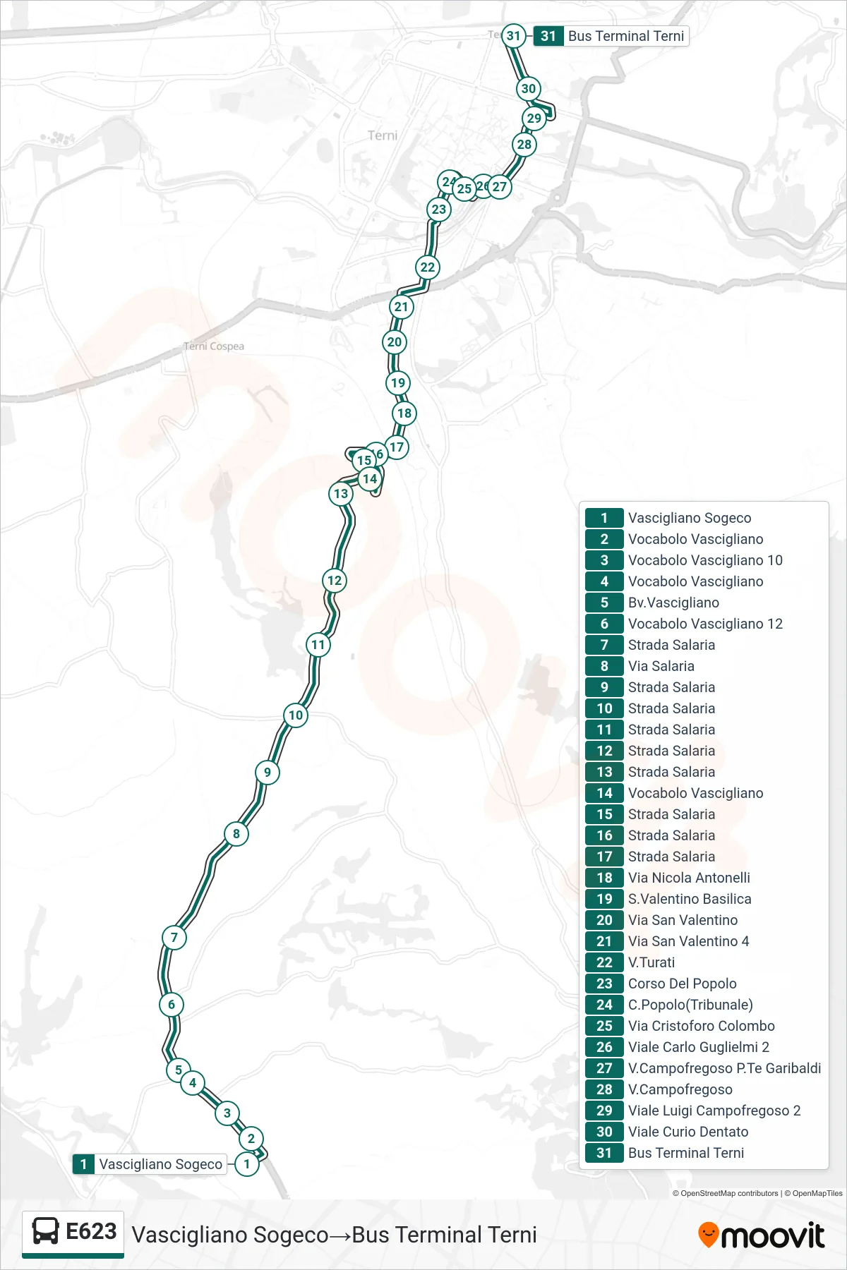 Linea E623 bus (Vascigliano Sogeco→Bus Terminal Terni) - Percorsi e fermate sulla mappa