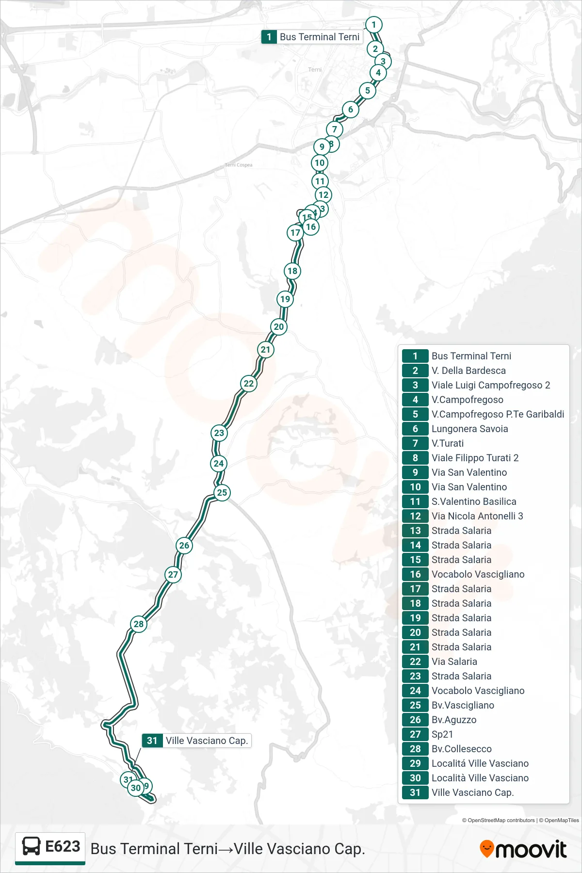Linea E623 bus (Bus Terminal Terni→Ville Vasciano Cap.) - Percorsi e fermate sulla mappa