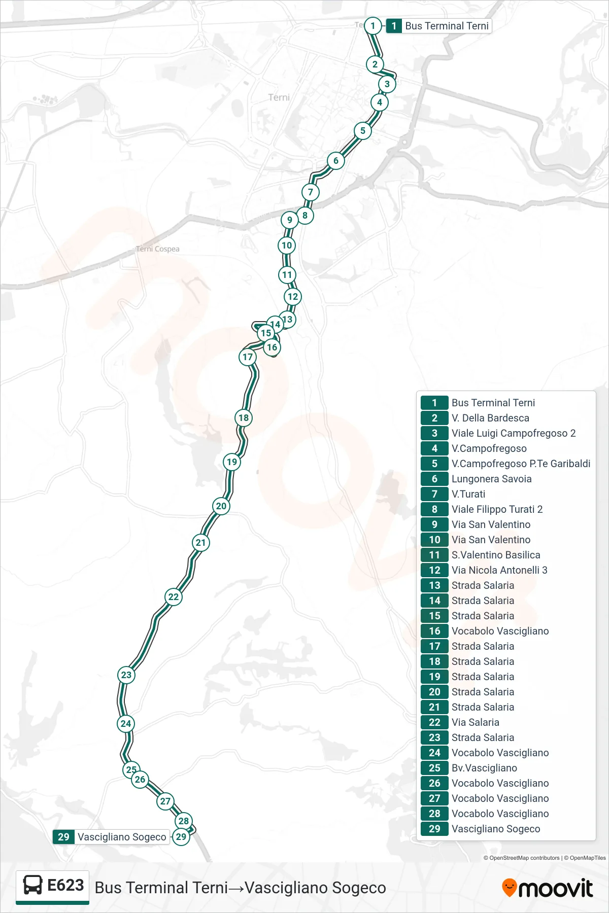 Linea E623 bus (Bus Terminal Terni→Vascigliano Sogeco) - Percorsi e fermate sulla mappa