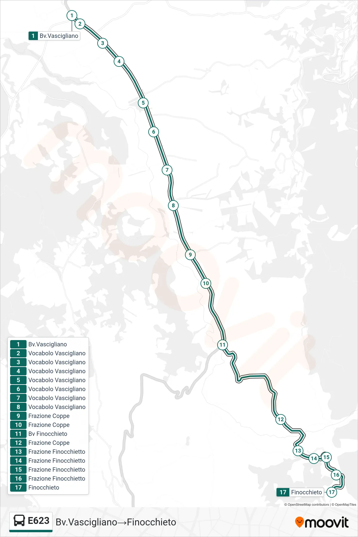 E623 bus Line (Bivio Vascigliano‎→Finocchieto) route and stops on a map