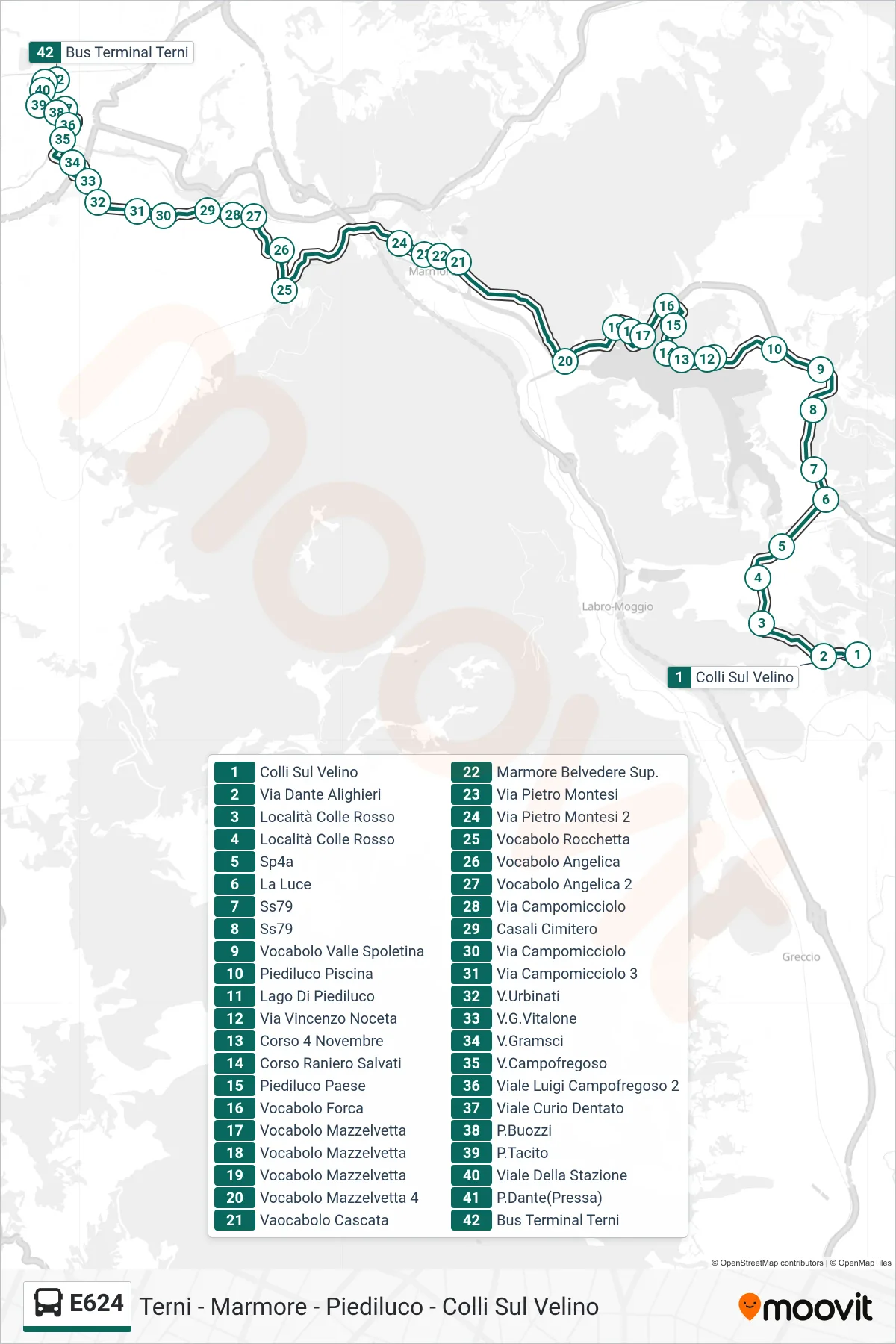 Linea E624 bus (Colli Sul Velino→Bus Terminal Terni) - Percorsi e fermate sulla mappa