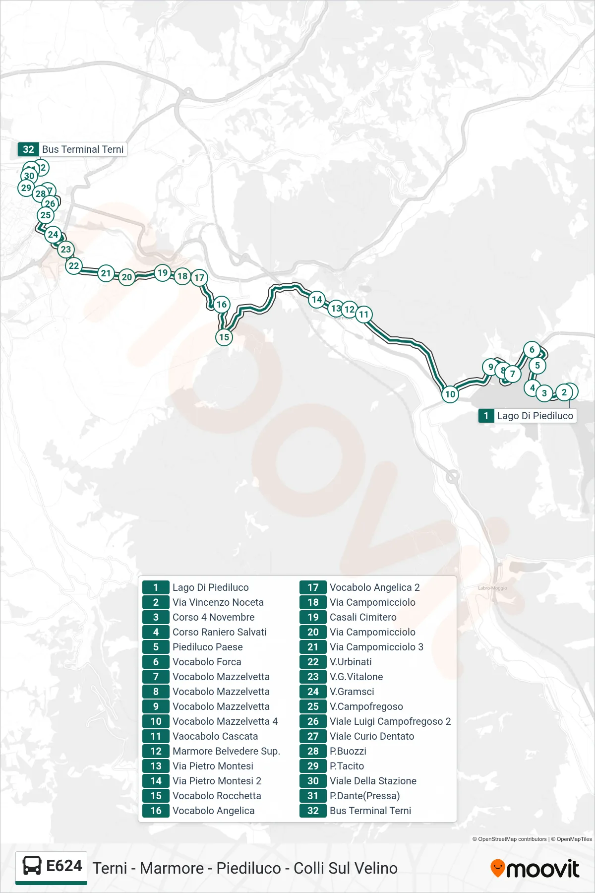 Linea E624 bus (Lago Di Piediluco→Bus Terminal Terni) - Percorsi e fermate sulla mappa