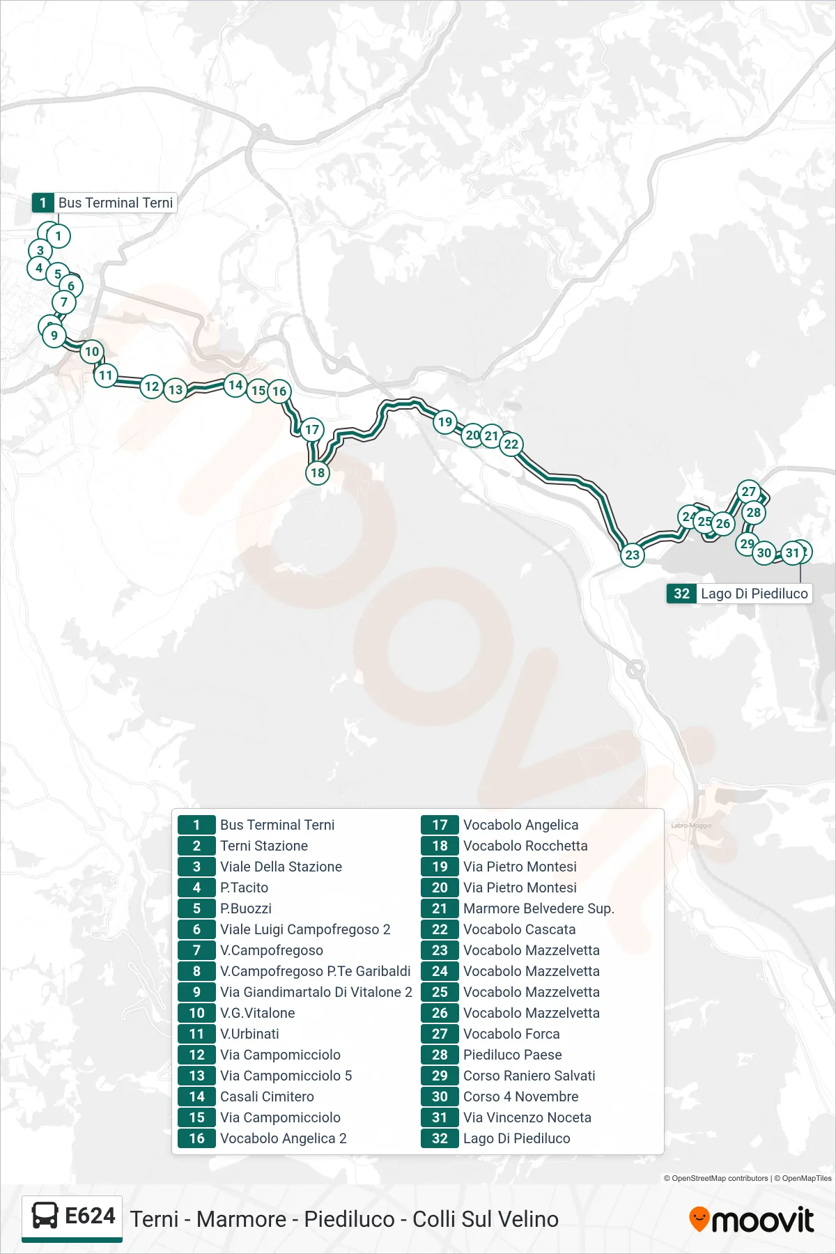 Linea E624 bus (Bus Terminal Terni→Lago Di Piediluco) - Percorsi e fermate sulla mappa