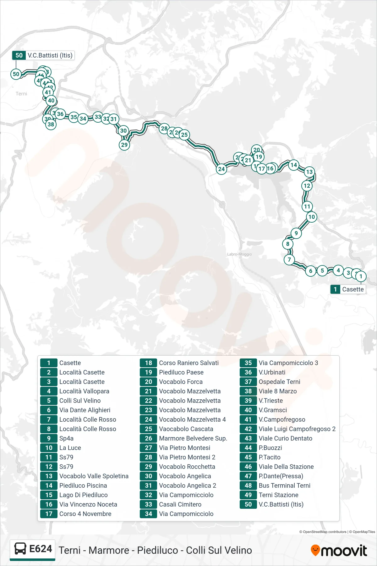 Linea E624 bus (Casette→V.C.Battisti (Itis)) - Percorsi e fermate sulla mappa