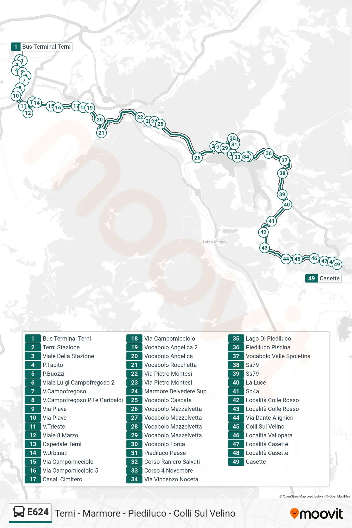 Linea E624 bus (Bus Terminal Terni→Casette) - Percorsi e fermate sulla mappa