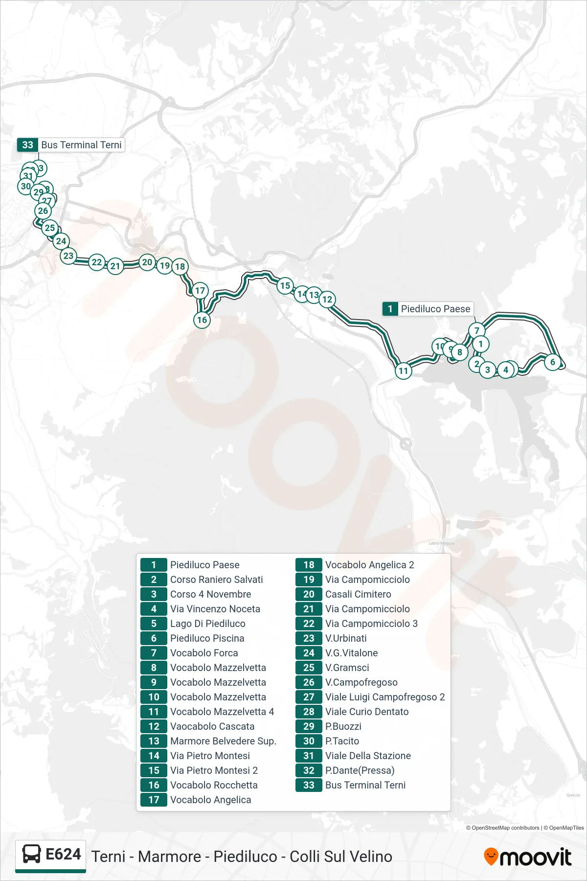 Linea E624  bus (Piediluco Paese‎→Bus Terminal Terni) - Percorsi e fermate sulla mappa