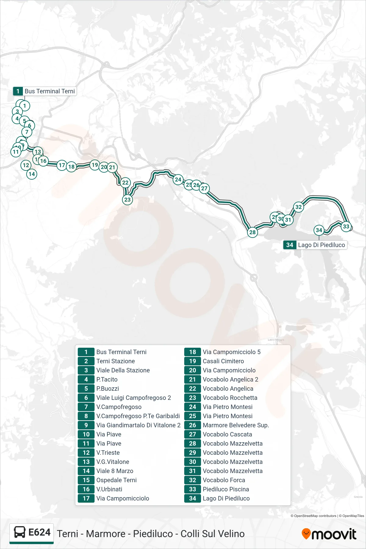 Linea E624 bus (Bus Terminal Terni→Lago Di Piediluco) - Percorsi e fermate sulla mappa