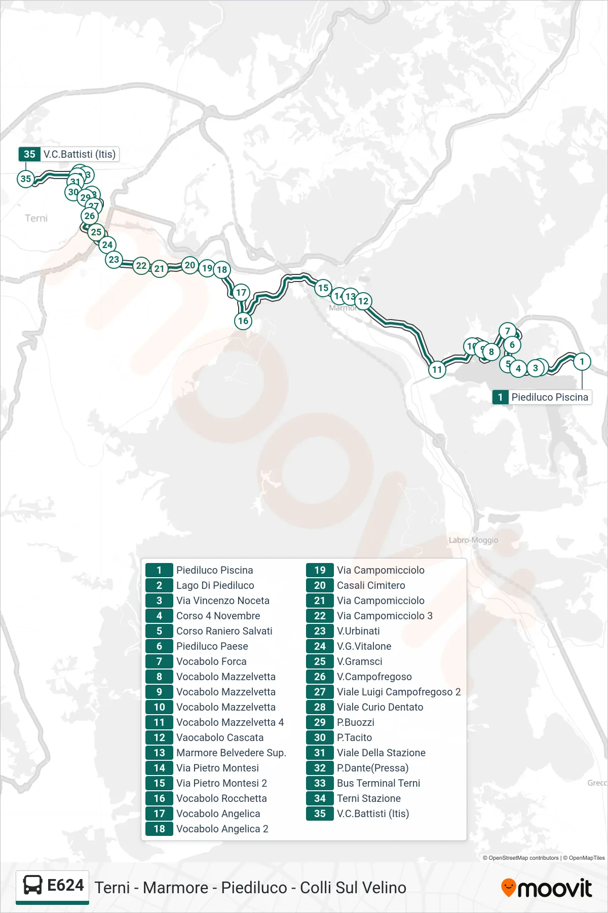 Linea E624 bus (Piediluco Piscina→V.C.Battisti (Itis)) - Percorsi e fermate sulla mappa