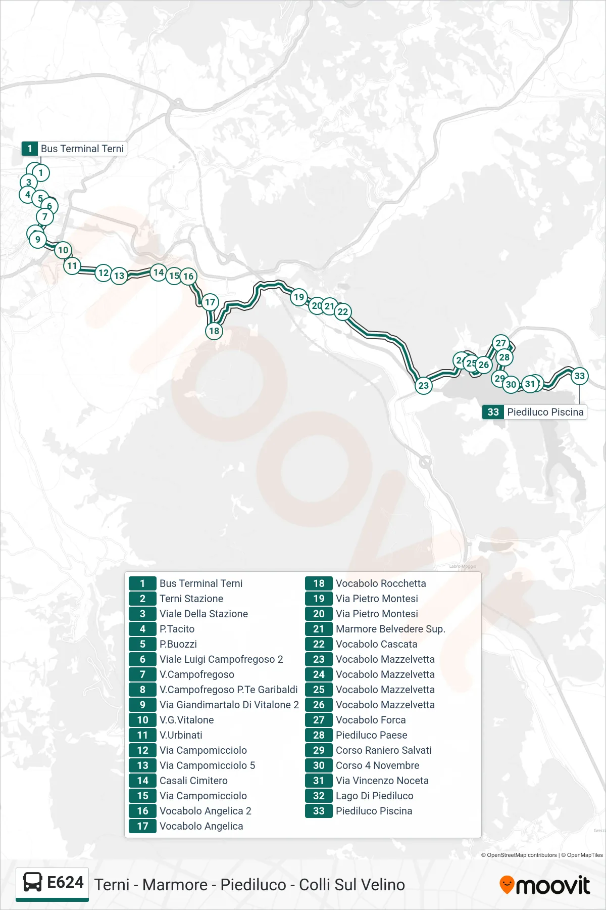 Linea E624 bus (Bus Terminal Terni→Piediluco Piscina) - Percorsi e fermate sulla mappa