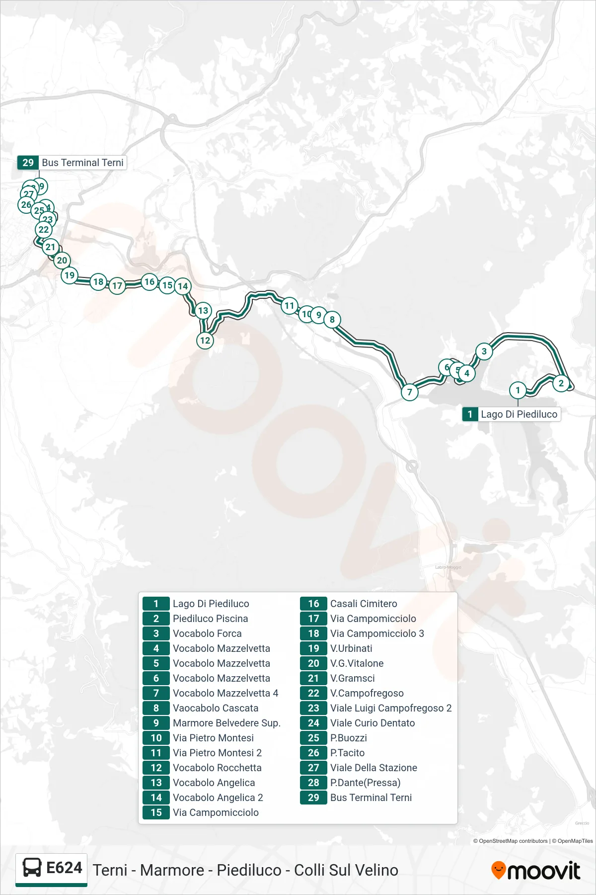 Linea E624 bus (Lago Di Piediluco→Bus Terminal Terni) - Percorsi e fermate sulla mappa