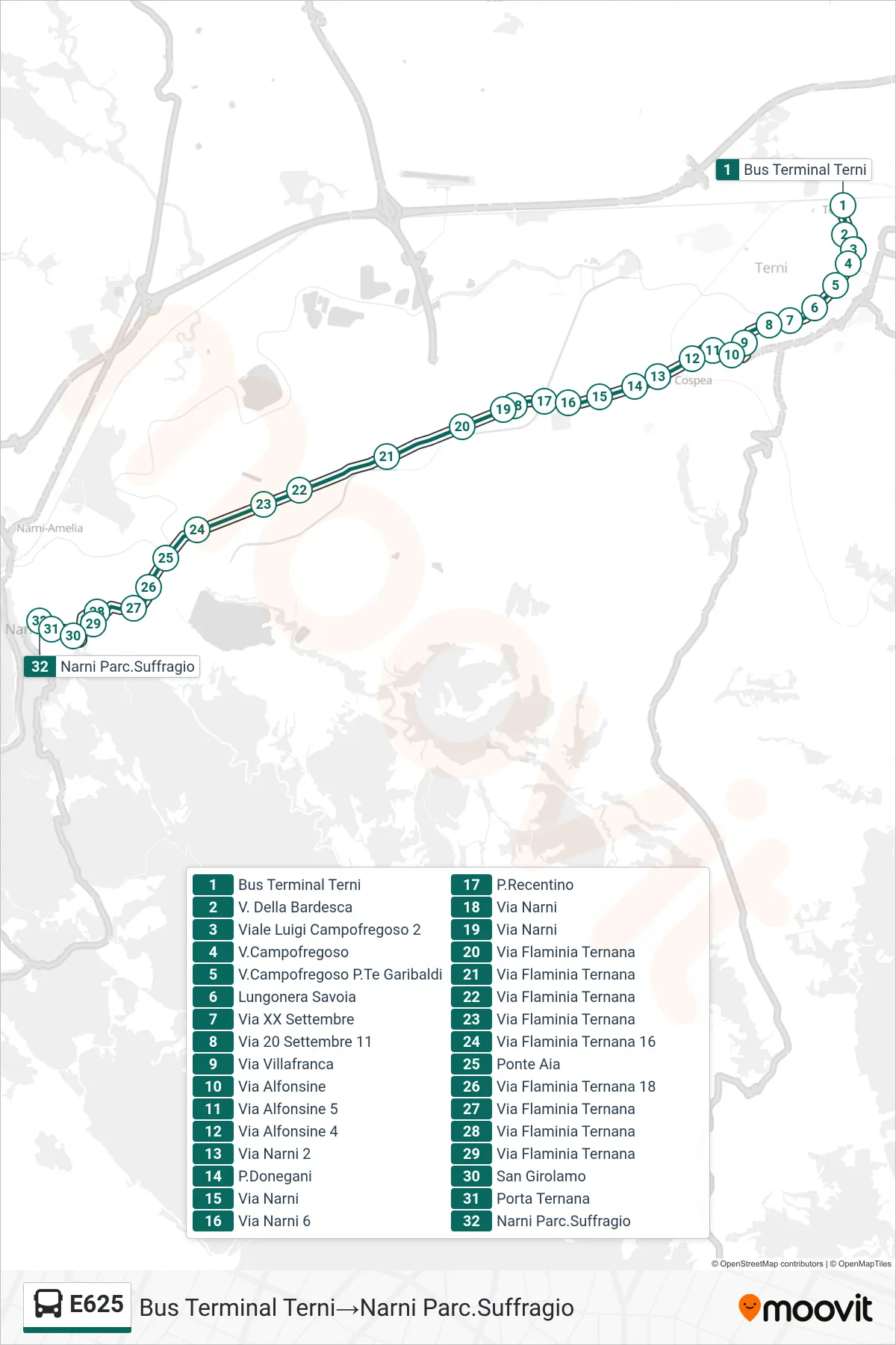 Linea E625 bus (Bus Terminal Terni→Narni Parc.Suffragio) - Percorsi e fermate sulla mappa