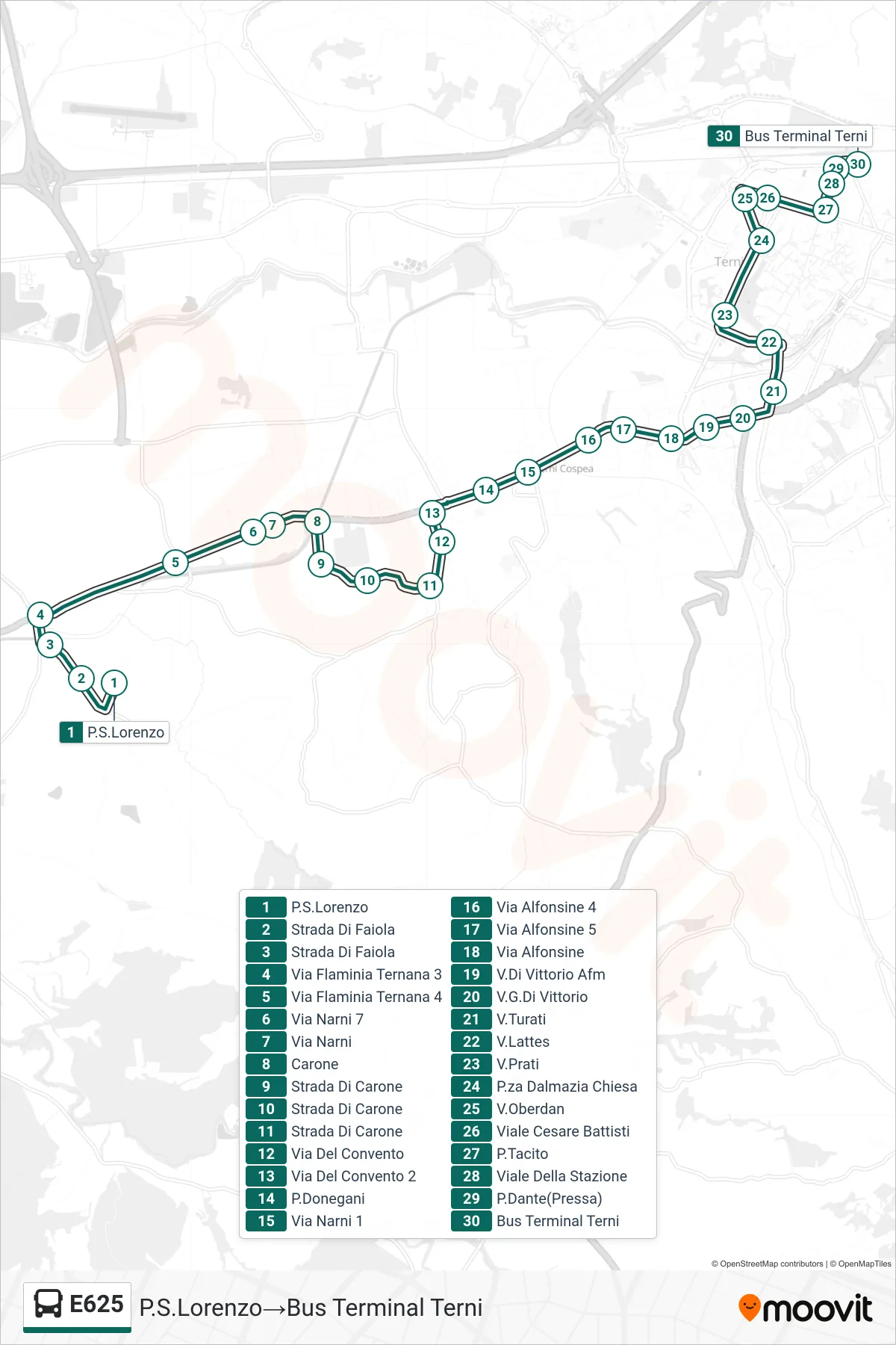 E625 bus Line (Piazza San Lorenzo→Bus Terminal Terni) route and stops on a map