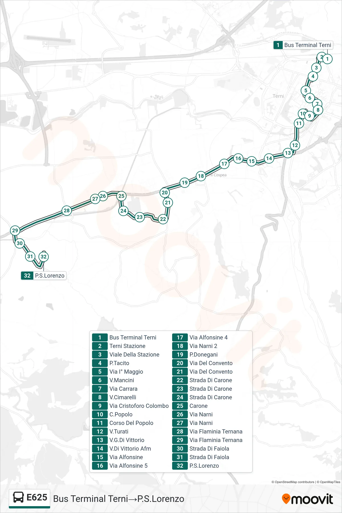 Linea E625  bus (Bus Terminal Terni‎→P.S.Lorenzo) - Percorsi e fermate sulla mappa