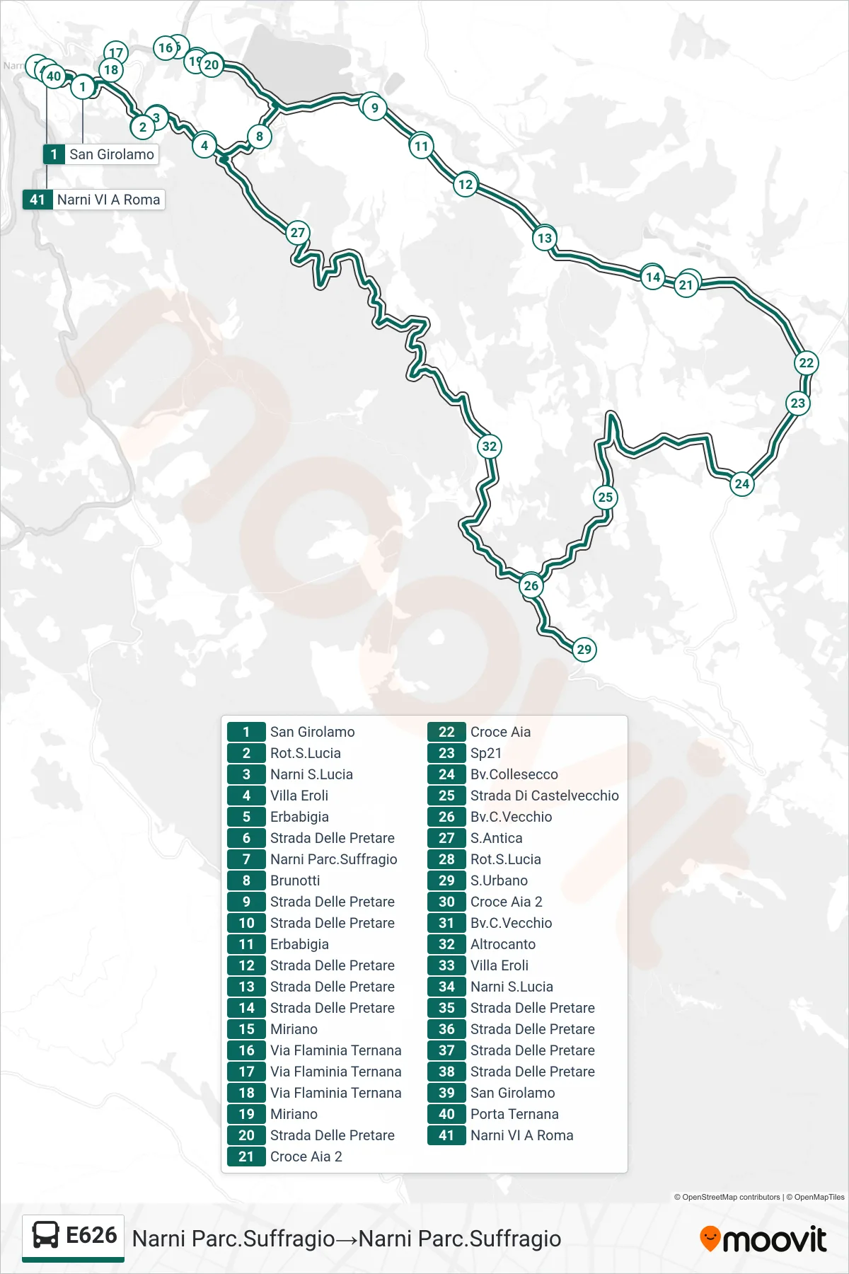 Linea E626  bus (Narni Parc.Suffragio‎→Narni Parc.Suffragio) - Percorsi e fermate sulla mappa