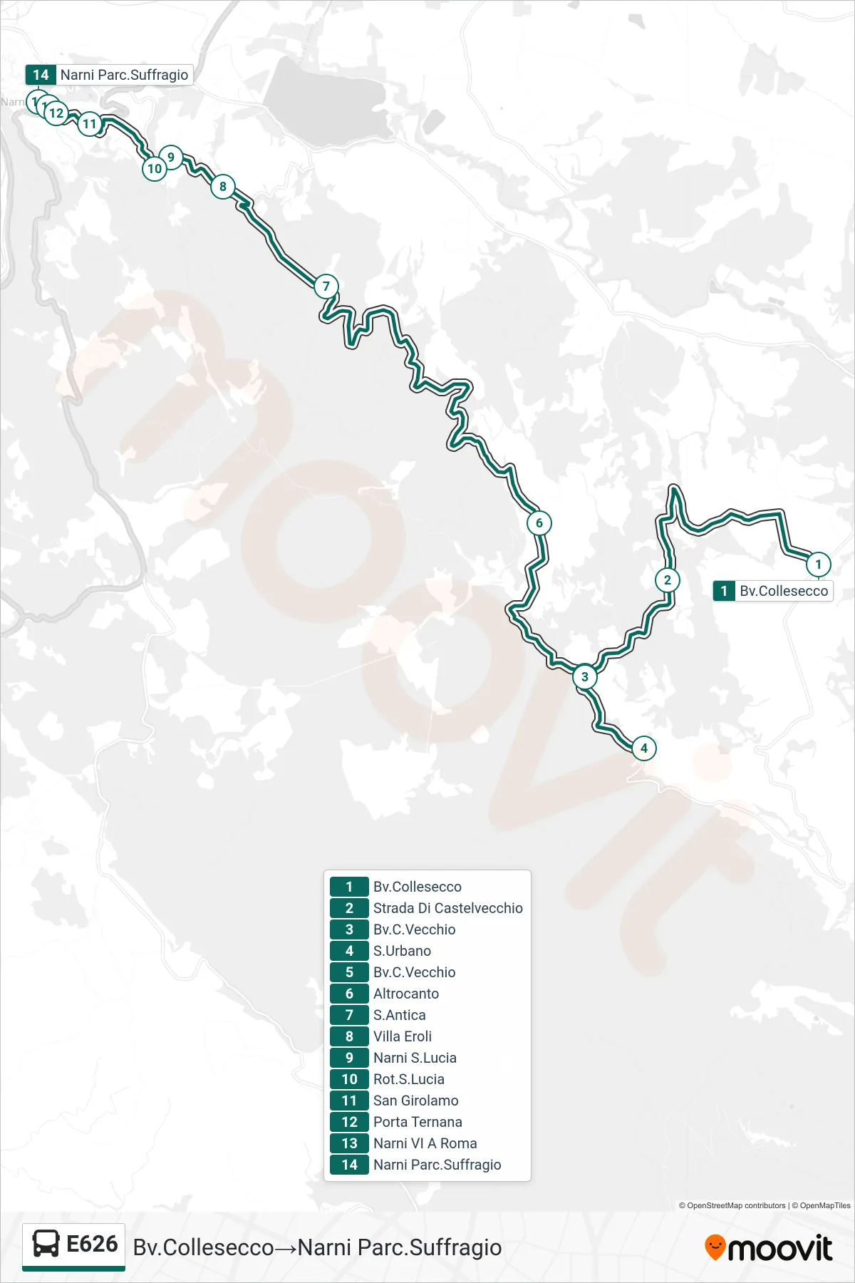 E626 bus Line (Collesecco Junction→Narni Suffrage Park) route and stops on a map