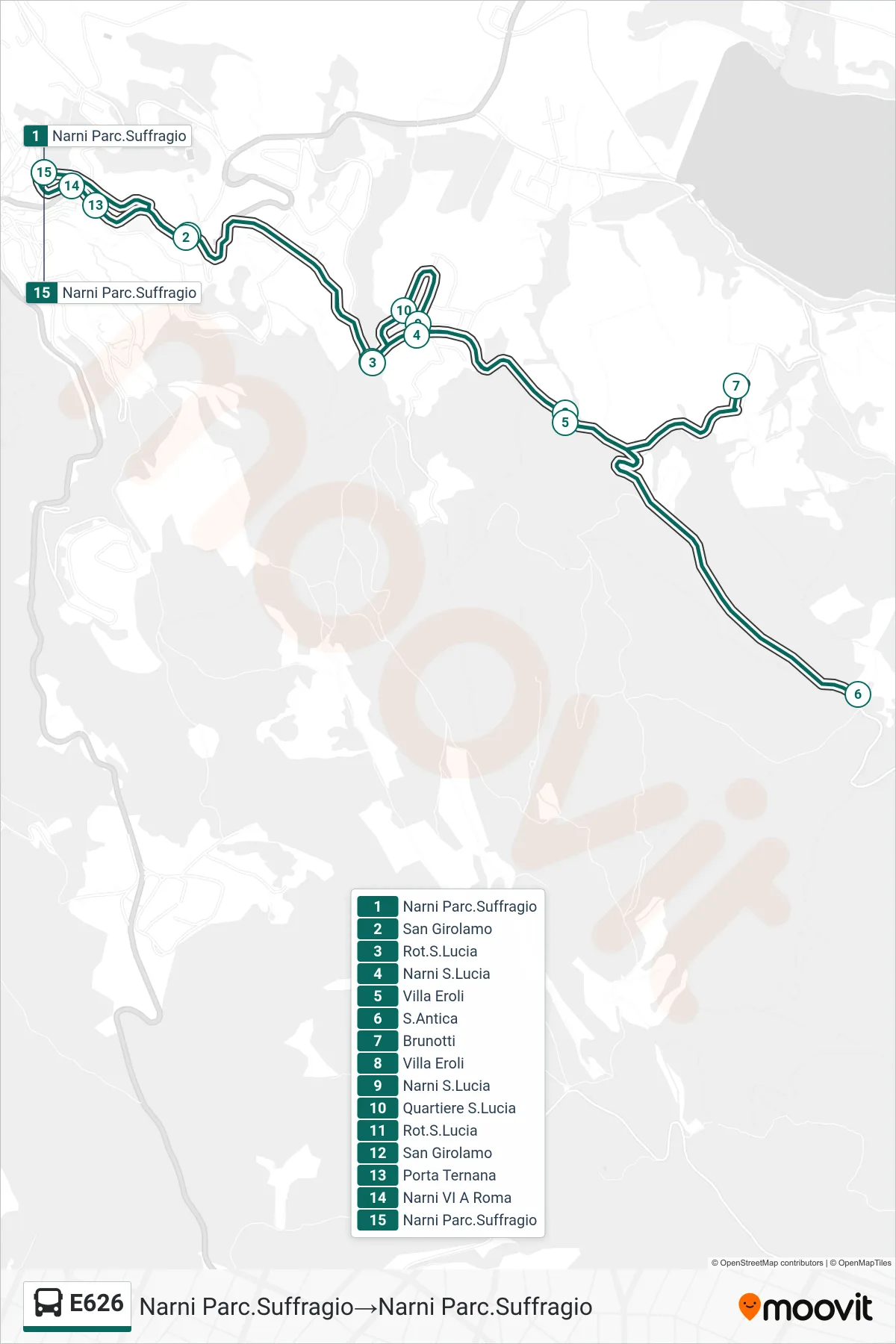 Linea E626 bus (Narni Parc.Suffragio→Narni Parc.Suffragio) - Percorsi e fermate sulla mappa