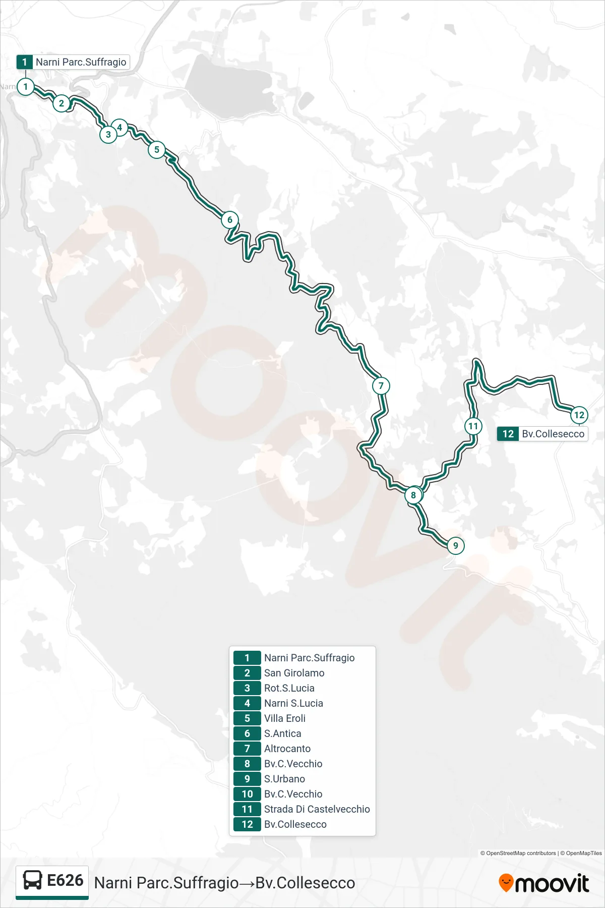 Linea E626 bus (Narni Parc.Suffragio→Bv.Collesecco) - Percorsi e fermate sulla mappa