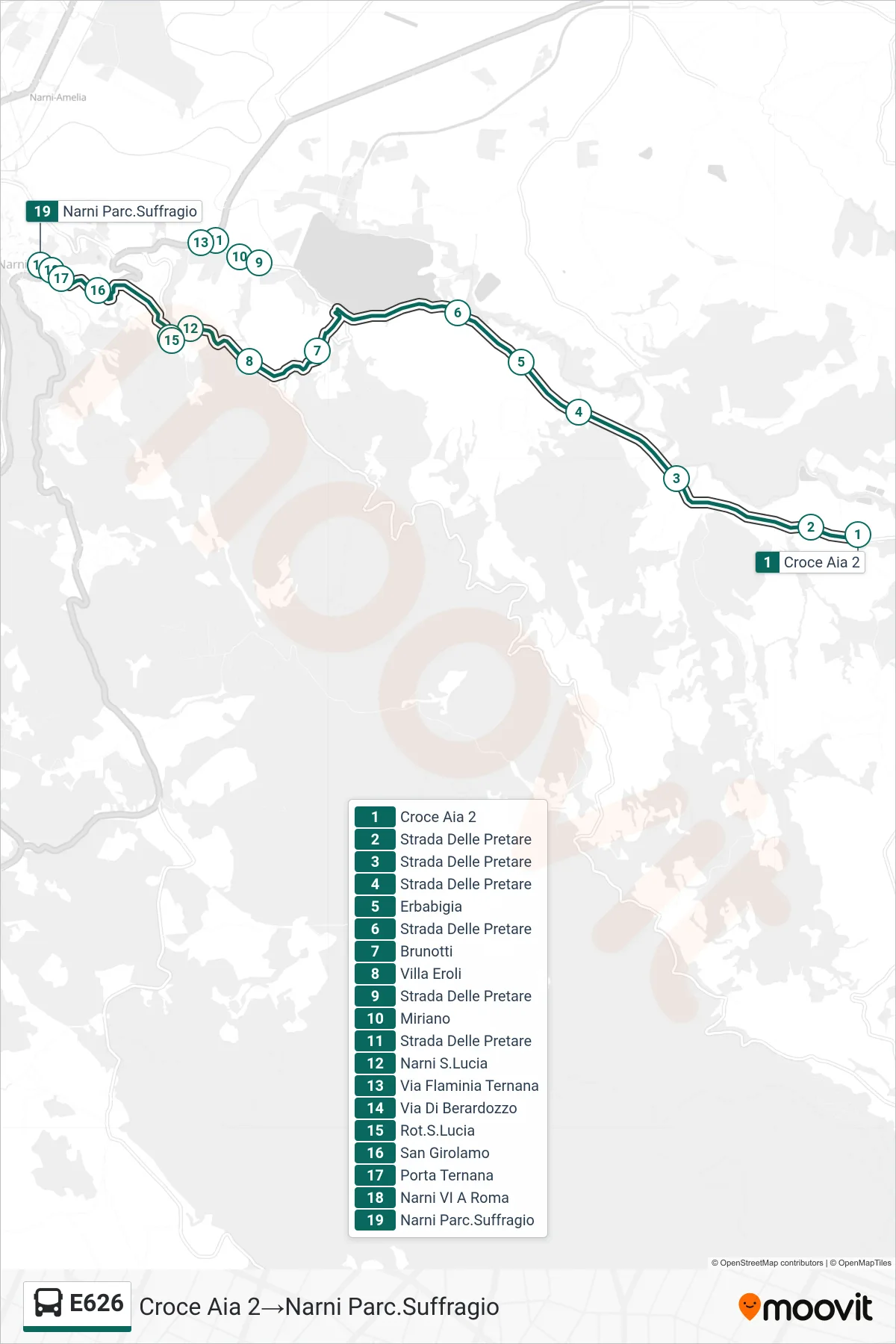 E626 bus Line (Croce Aia 2→Narni Suffrage Park) route and stops on a map