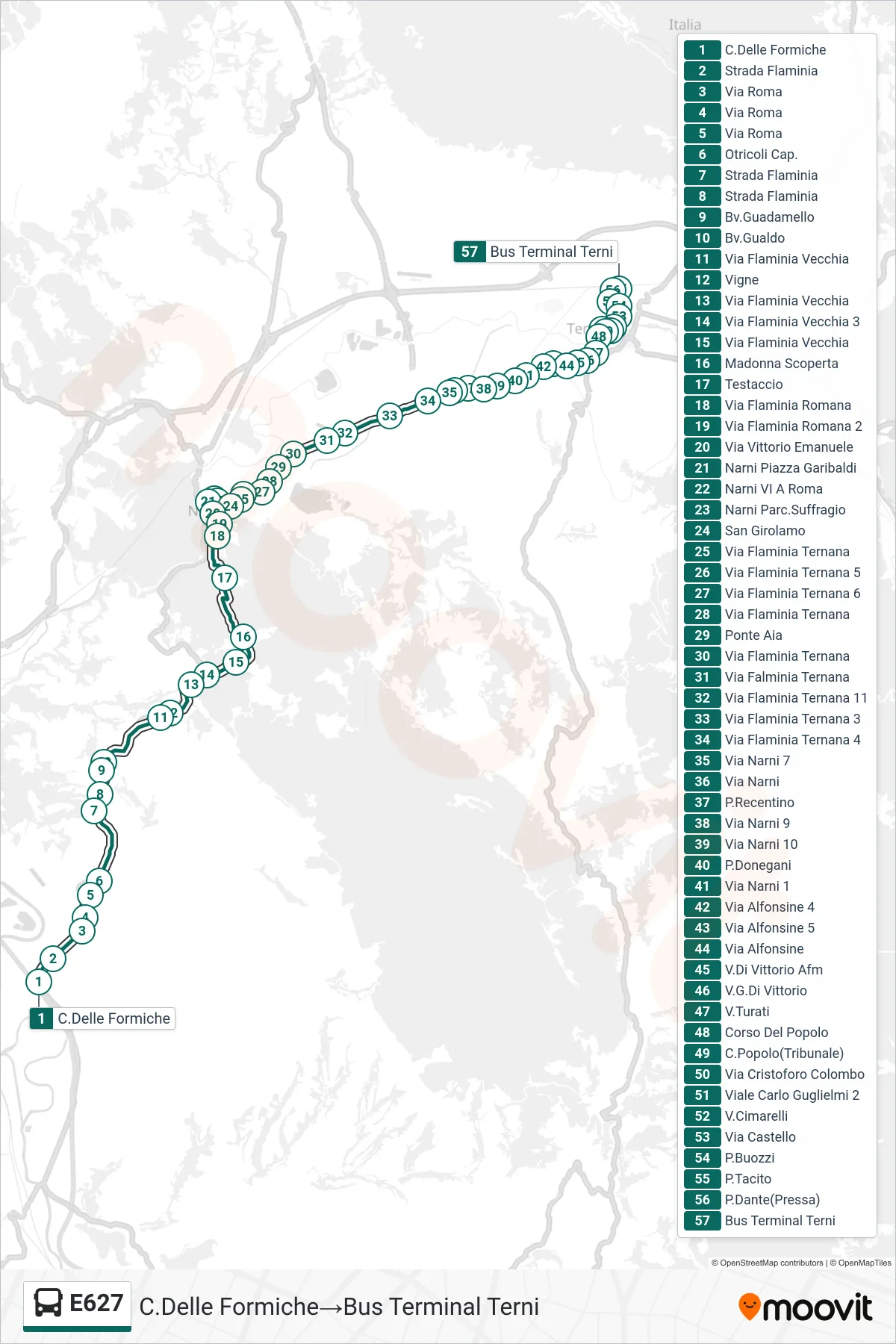 Linea E627 bus (C.Delle Formiche→Bus Terminal Terni) - Percorsi e fermate sulla mappa