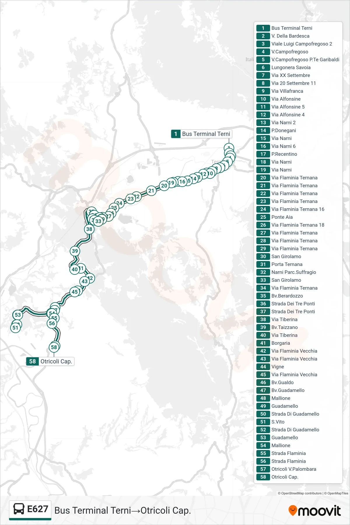 Linea E627 bus (Bus Terminal Terni→Otricoli Cap.) - Percorsi e fermate sulla mappa