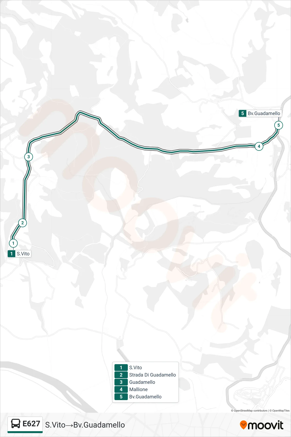 E627 bus Line (S.Vito→Guadamello Junction) route and stops on a map