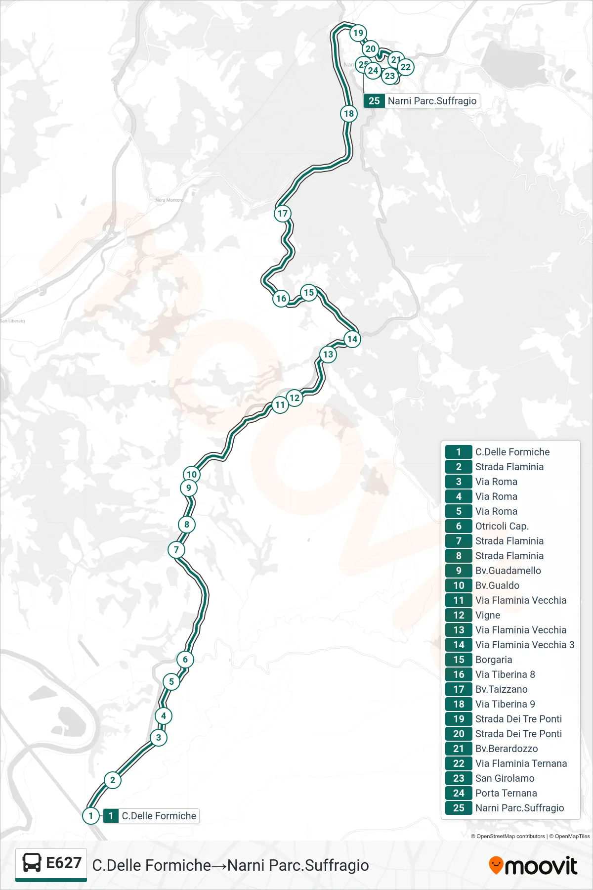 Linea E627 bus (C.Delle Formiche→Narni Parc.Suffragio) - Percorsi e fermate sulla mappa