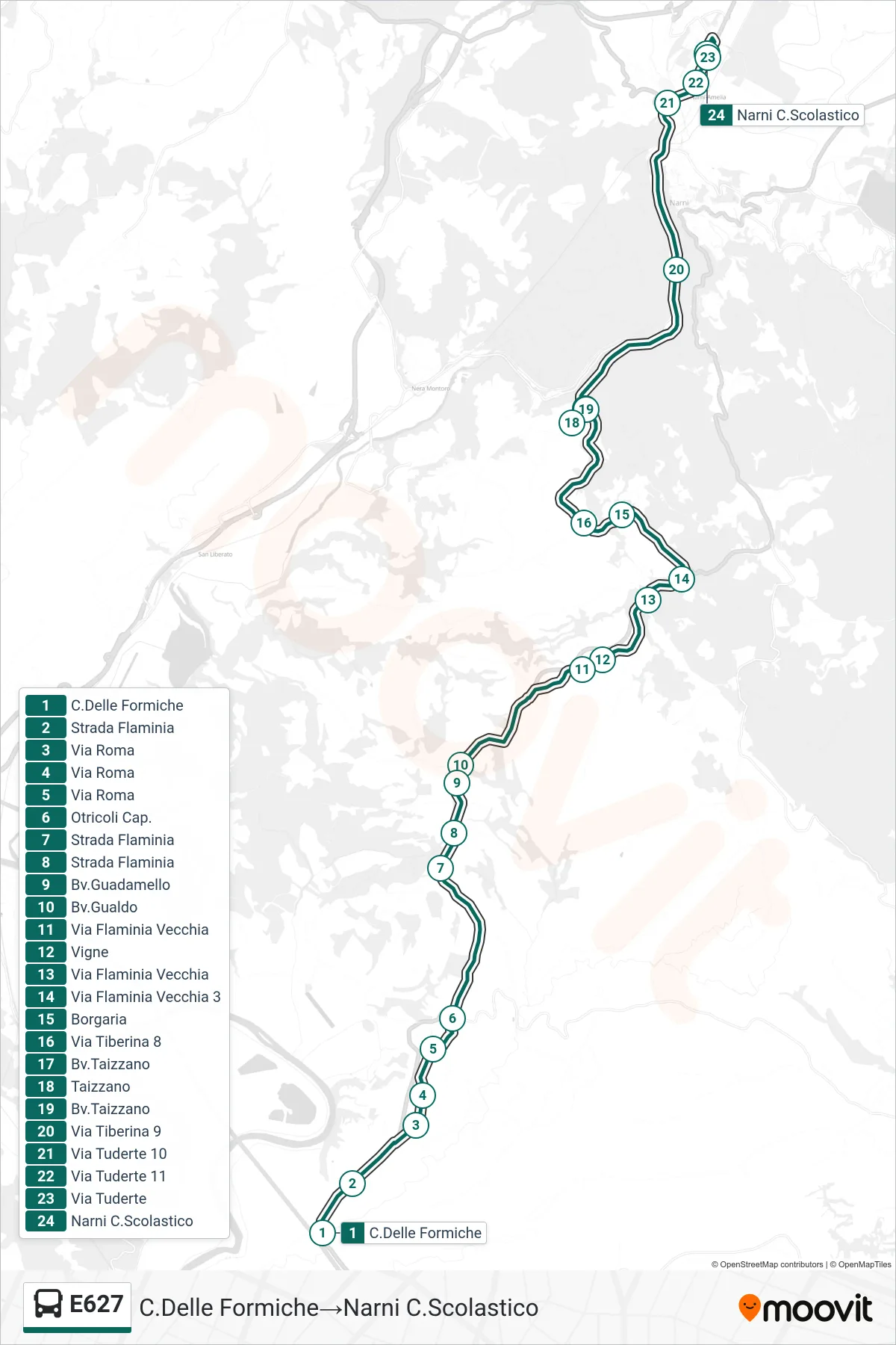 Linea E627 bus (C.Delle Formiche→Narni C.Scolastico) - Percorsi e fermate sulla mappa