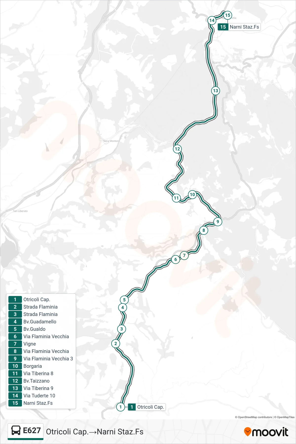 Linea E627 bus (Otricoli Cap.→Narni Staz.Fs) - Percorsi e fermate sulla mappa